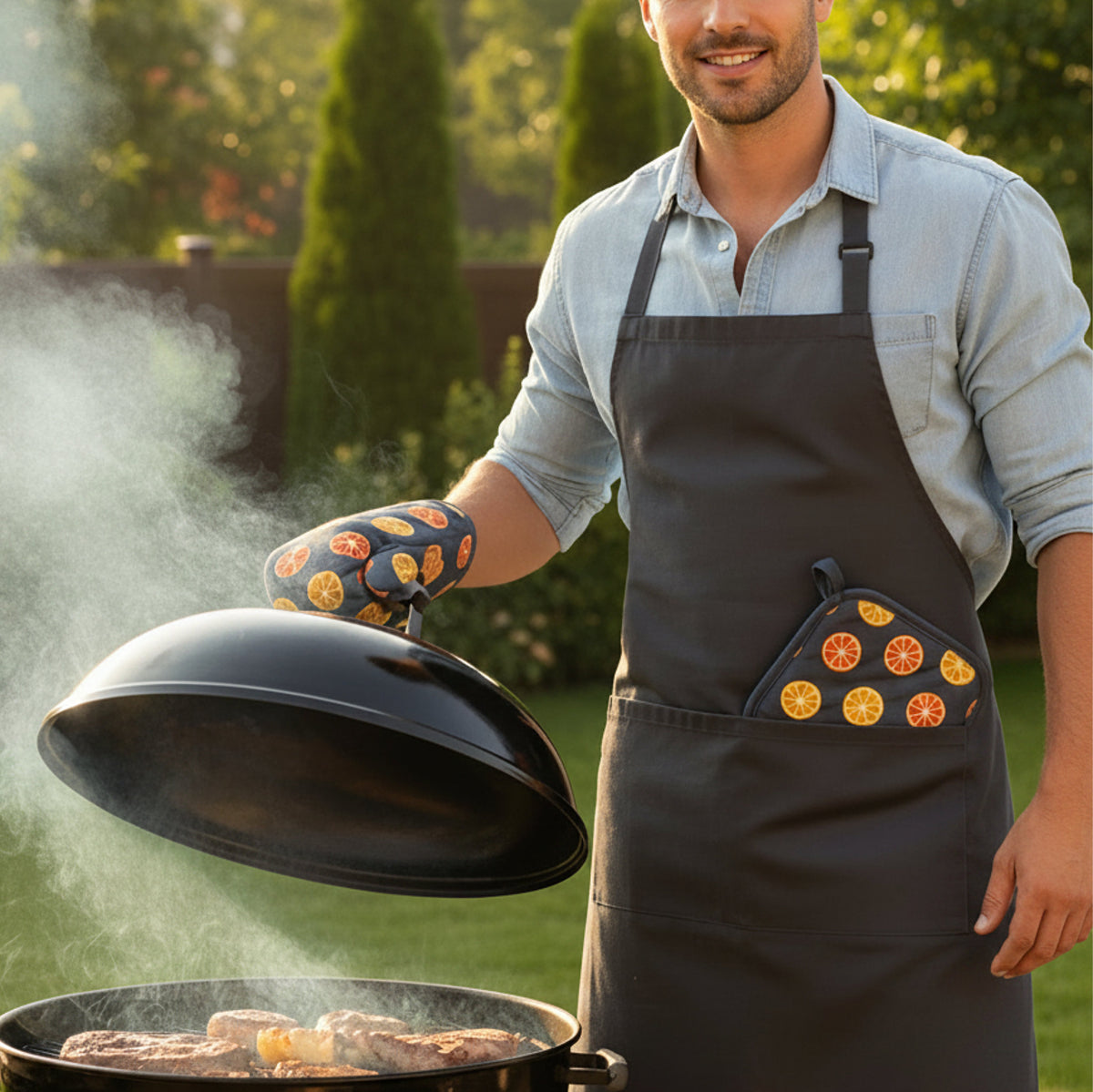 A man wearing a dark gray apron with faded orange patterned oven mitts and a matching square pot holder stands outdoors grilling, lifting the lid of a black kettle-style grill in a sunny backyard setting from Hem And Tassel 