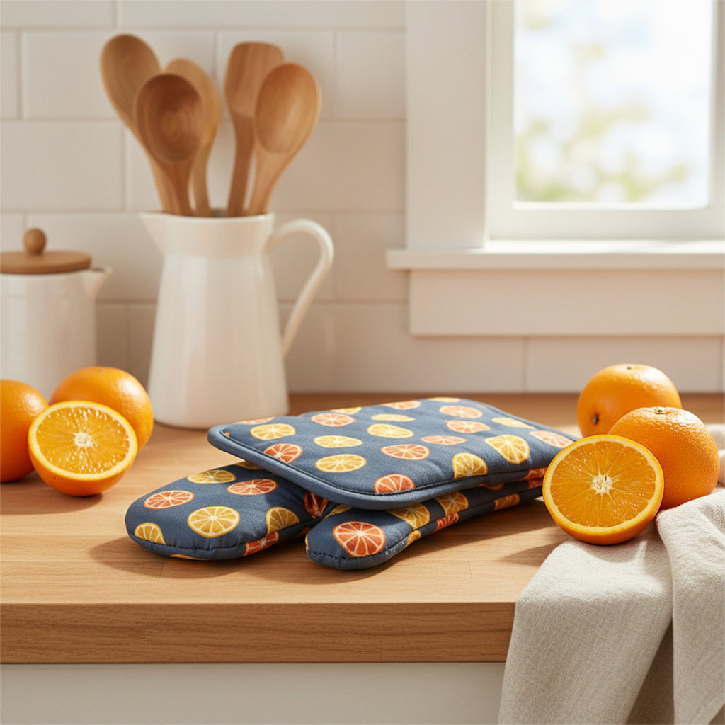 A set of navy blue oven mitt and pot holder with a citrus slice pattern, resting on a wooden kitchen counter surrounded by fresh oranges, with a white pitcher and wooden spoons in the background from Hem And Tassel 