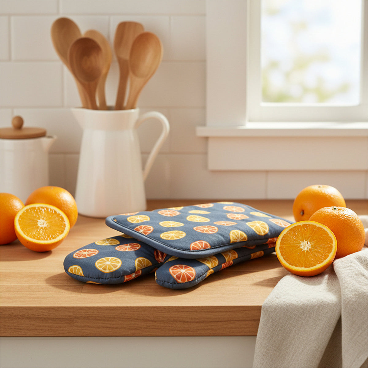 A set of navy blue oven mitt and pot holder with a citrus slice pattern, resting on a wooden kitchen counter surrounded by fresh oranges, with a white pitcher and wooden spoons in the background from Hem And Tassel 