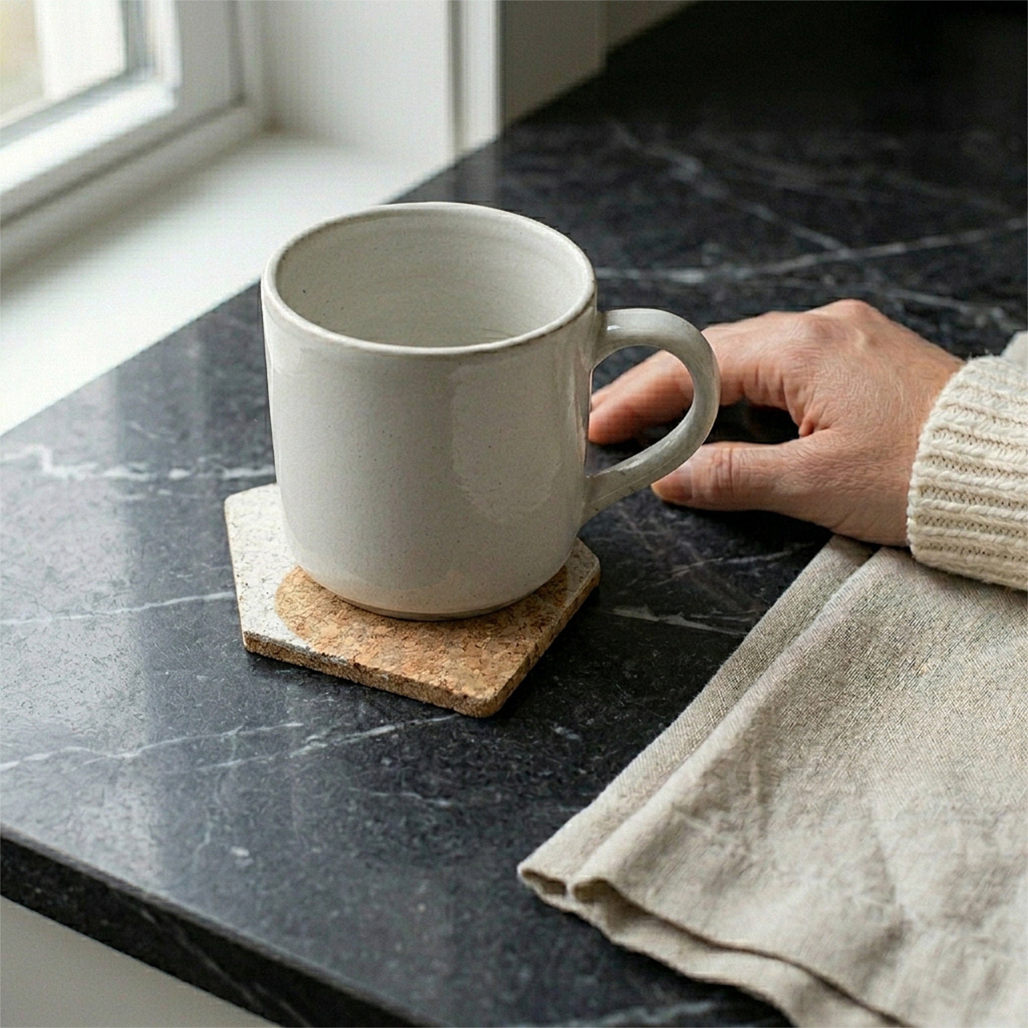 White mug on a cork coaster held by a hand on a dark surface with natural light.
