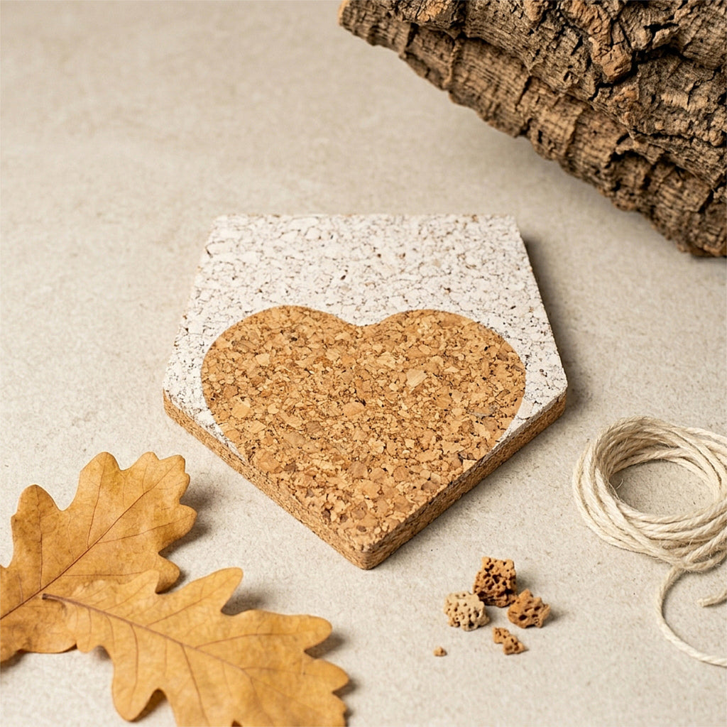 Heart-shaped cork coaster on a neutral background with leaves and twine.