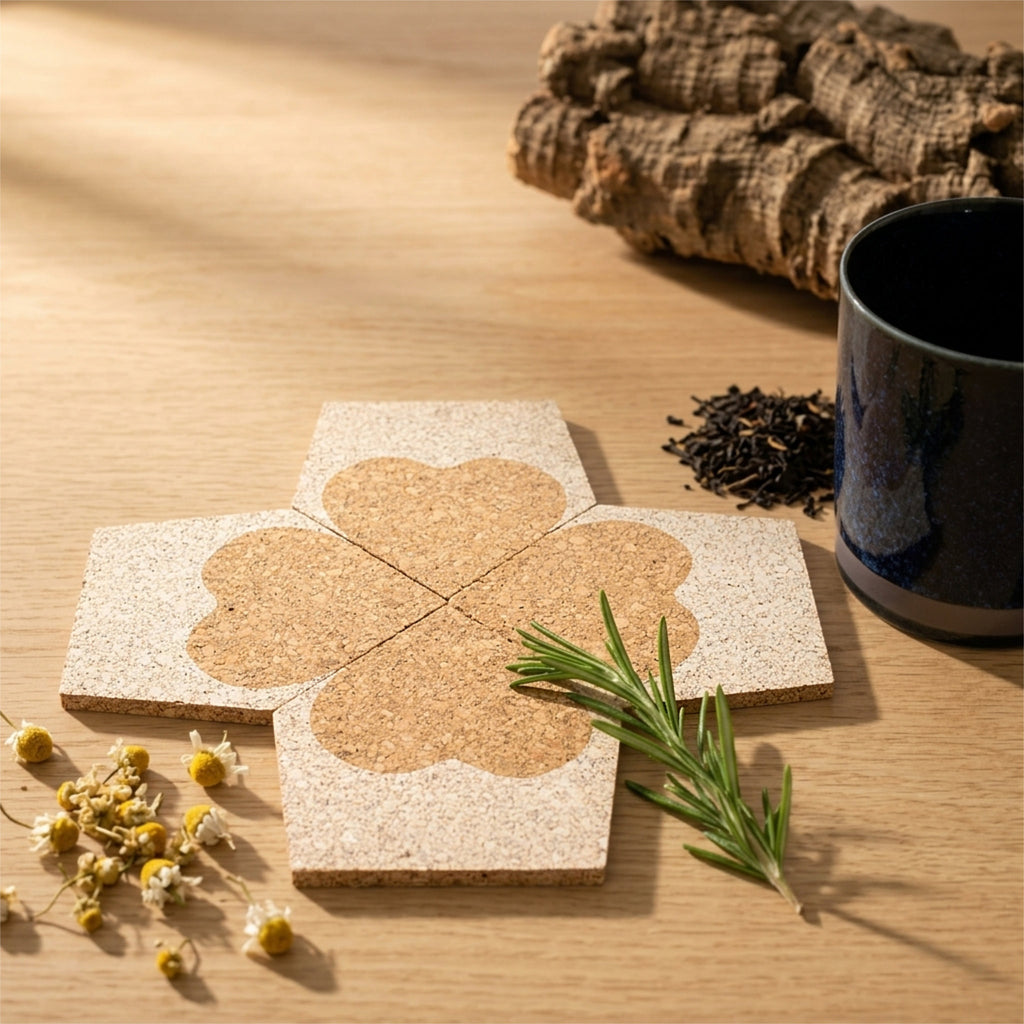 Four pentagonal cork coasters showing a heart each, arranged in a cross shape on a light wood table to form a clover, with dried chamomile flowers, a sprig of rosemary, loose tea leaves, and a dark ceramic mug in the background from Hem And Tassel 