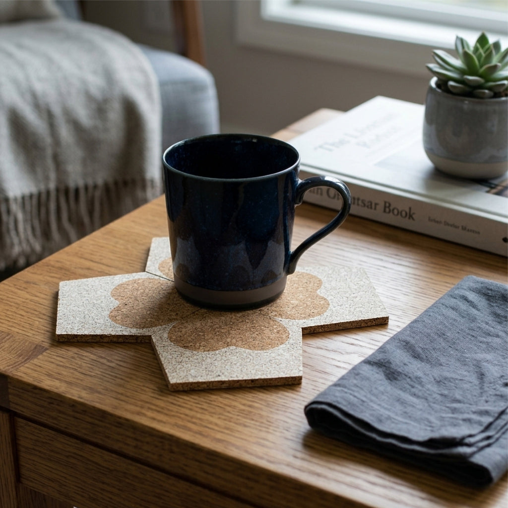 A dark navy ceramic mug sits on a set of four hear printed cork coasters arranged on a wooden table to form a clover pattern, with a folded dark gray cloth and a small potted succulent nearby from Hem And Tassel 
