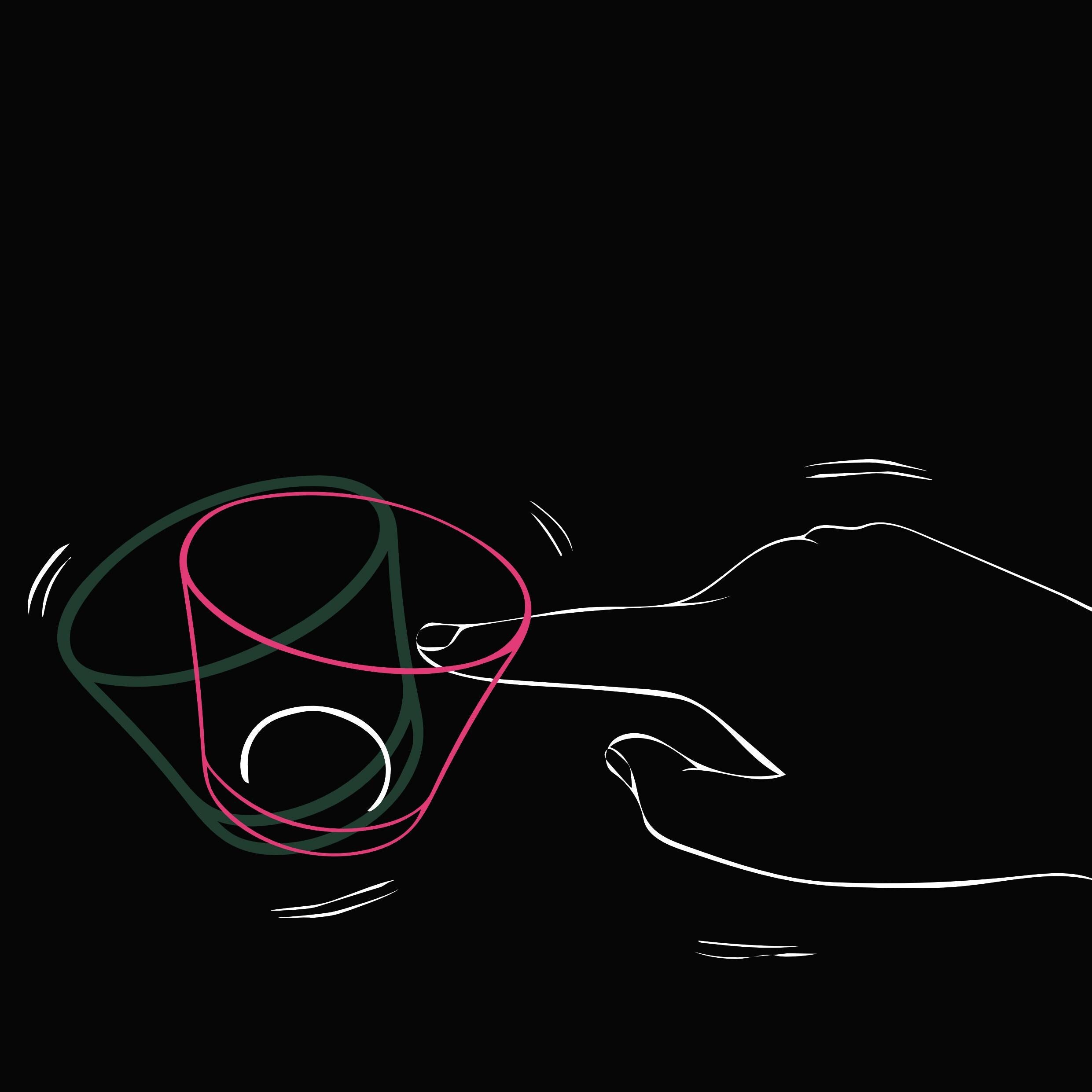 tottering whiskey glass graphic showing how it totters, made in Japan, from Hem And Tassel on a black background