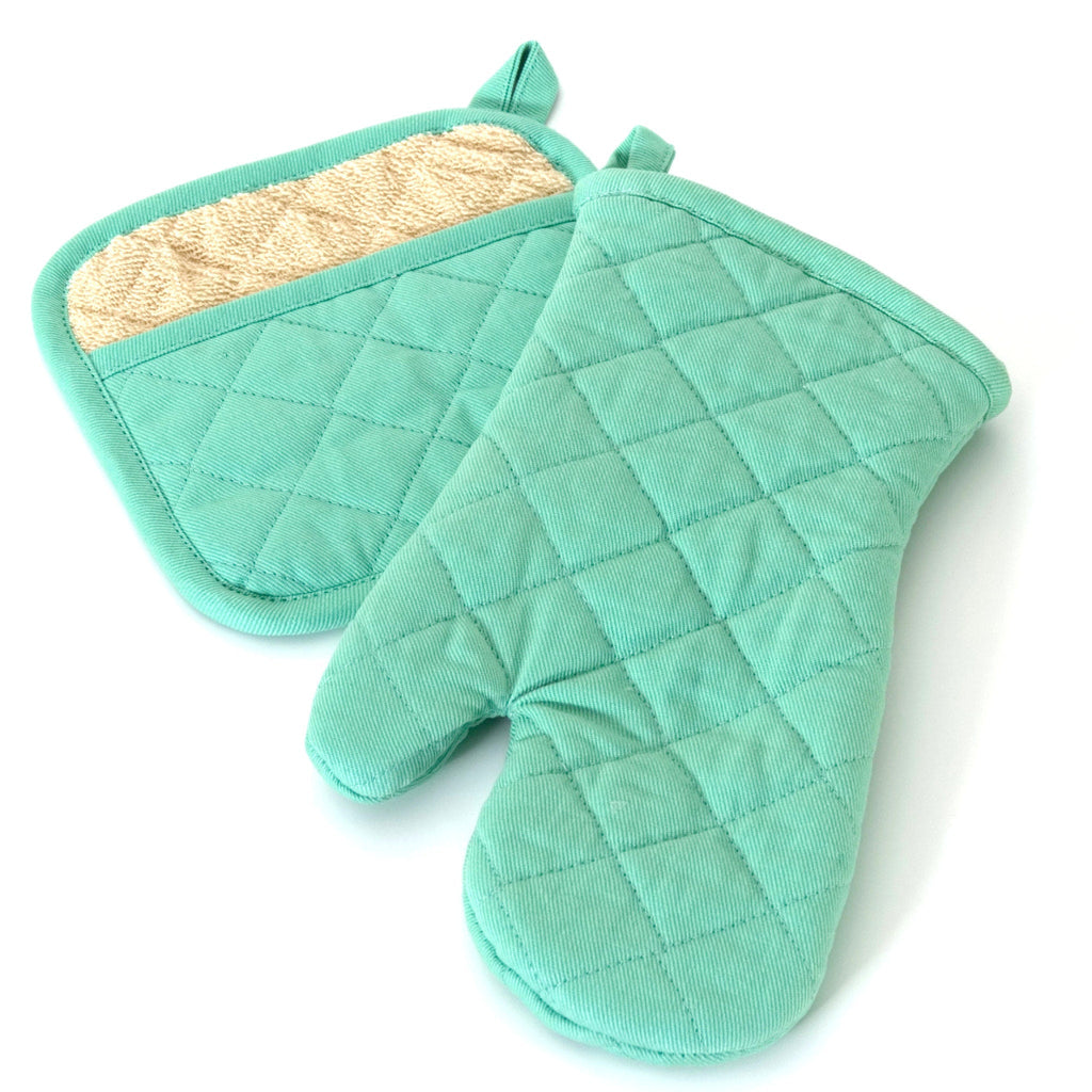 grill and drill quilted cotton oven mitt and pot holder in mint green against a white backdrop - from Hem And Tassel