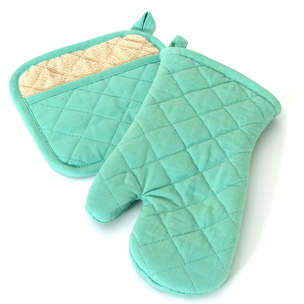 grill and drill quilted cotton oven mitt and pot holder in mint green against a white backdrop - from Hem And Tassel