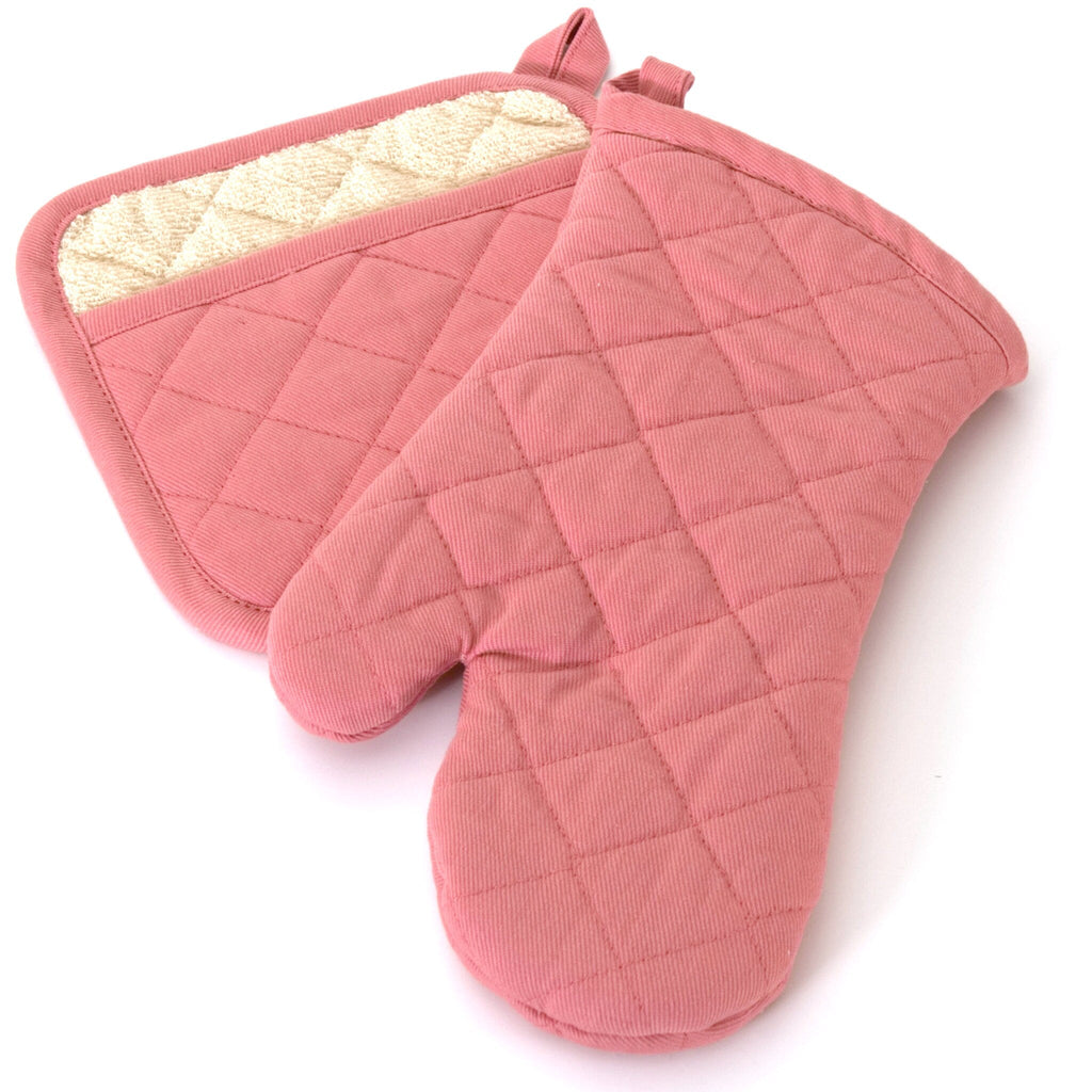 grill and drill quilted cotton oven mitt and pot holder in rose pink against a white backdrop - from Hem And Tassel