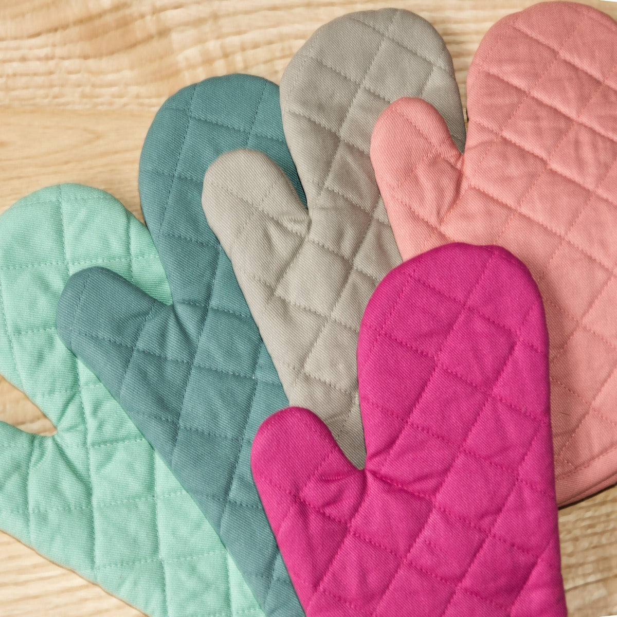 grill and drill quilted cotton oven mitts in five colors fanned out - from Hem And Tassel