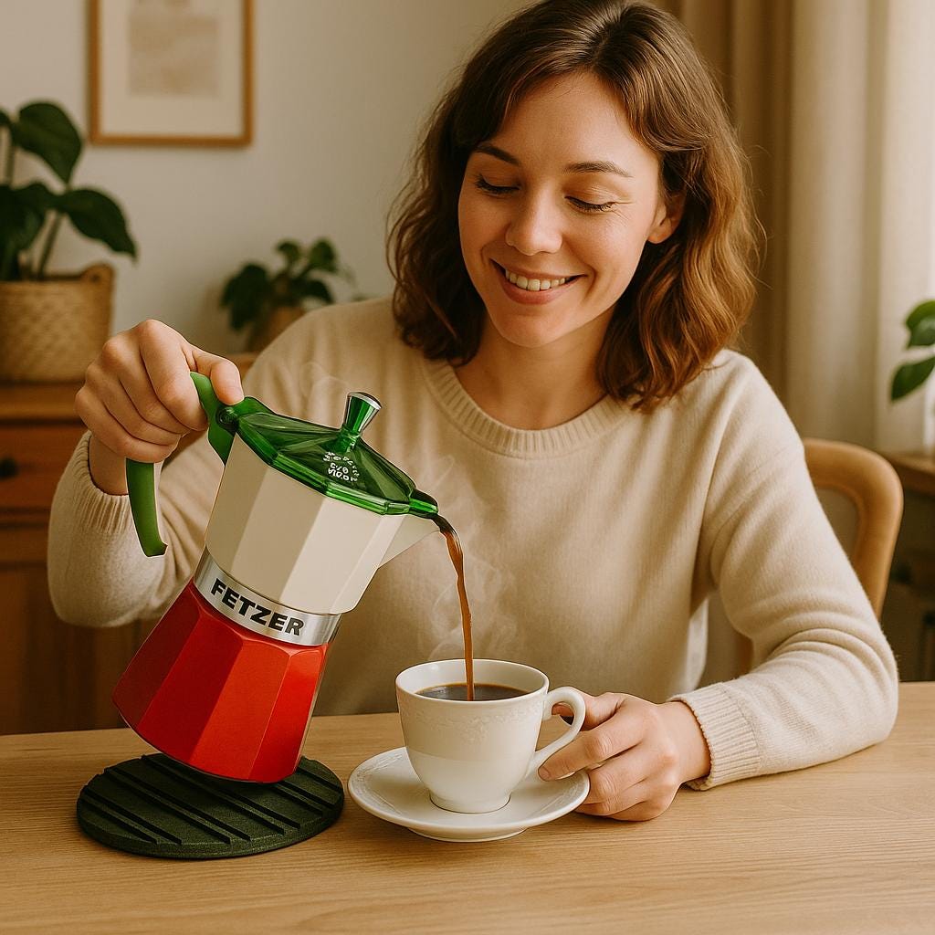 Woman pouring coffee from a Fetzer espresso maker into a cup on a wooden table with heatsink cork trivet to place it on from Hem And Tassel