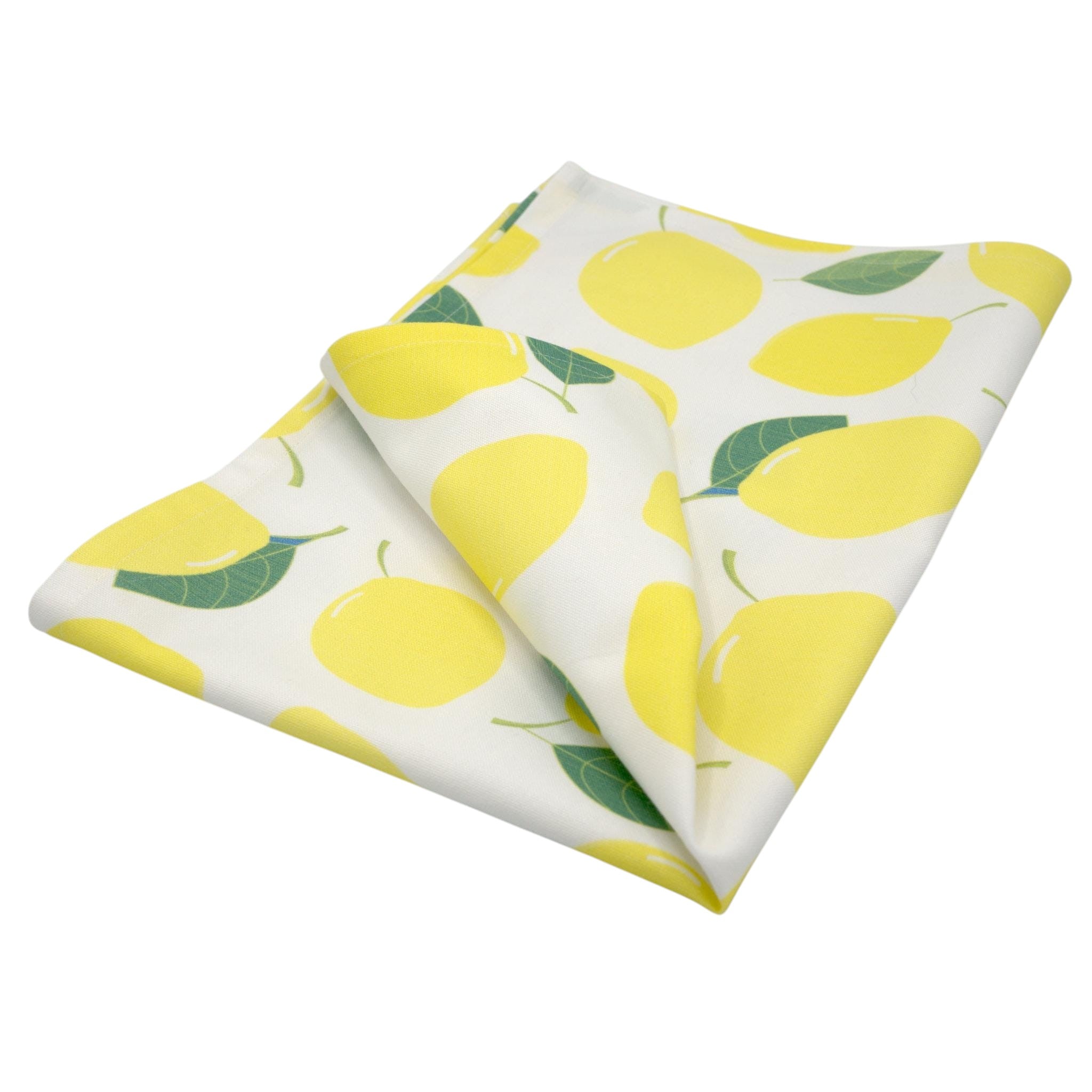 Hem And Tassel Amalfi lemon print kitchen towel in soft yellow and green on durable white twisted cotton fabric