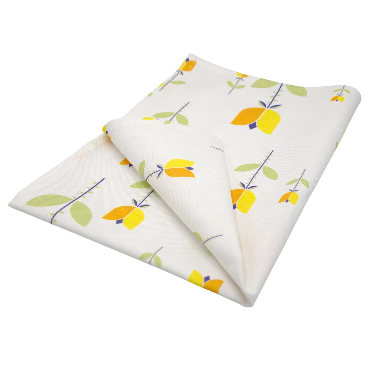 Hem And Tassel kitchen towel in white cotton with a yellow and green Art Deco tulip floral print pattern.