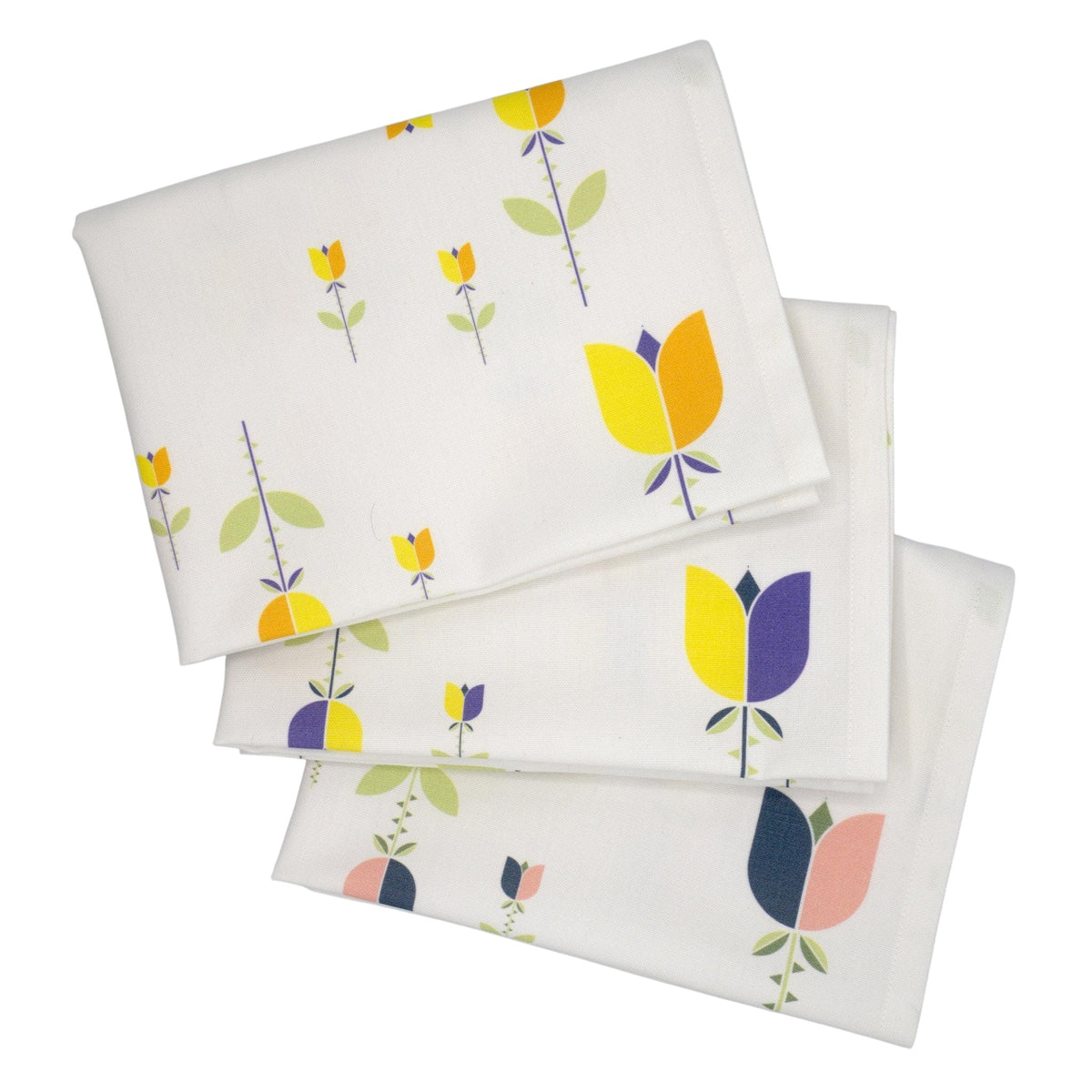 Hem And Tassel kitchen towels in white cotton with a colorful Art Deco tulip geometric print and hanging loop.