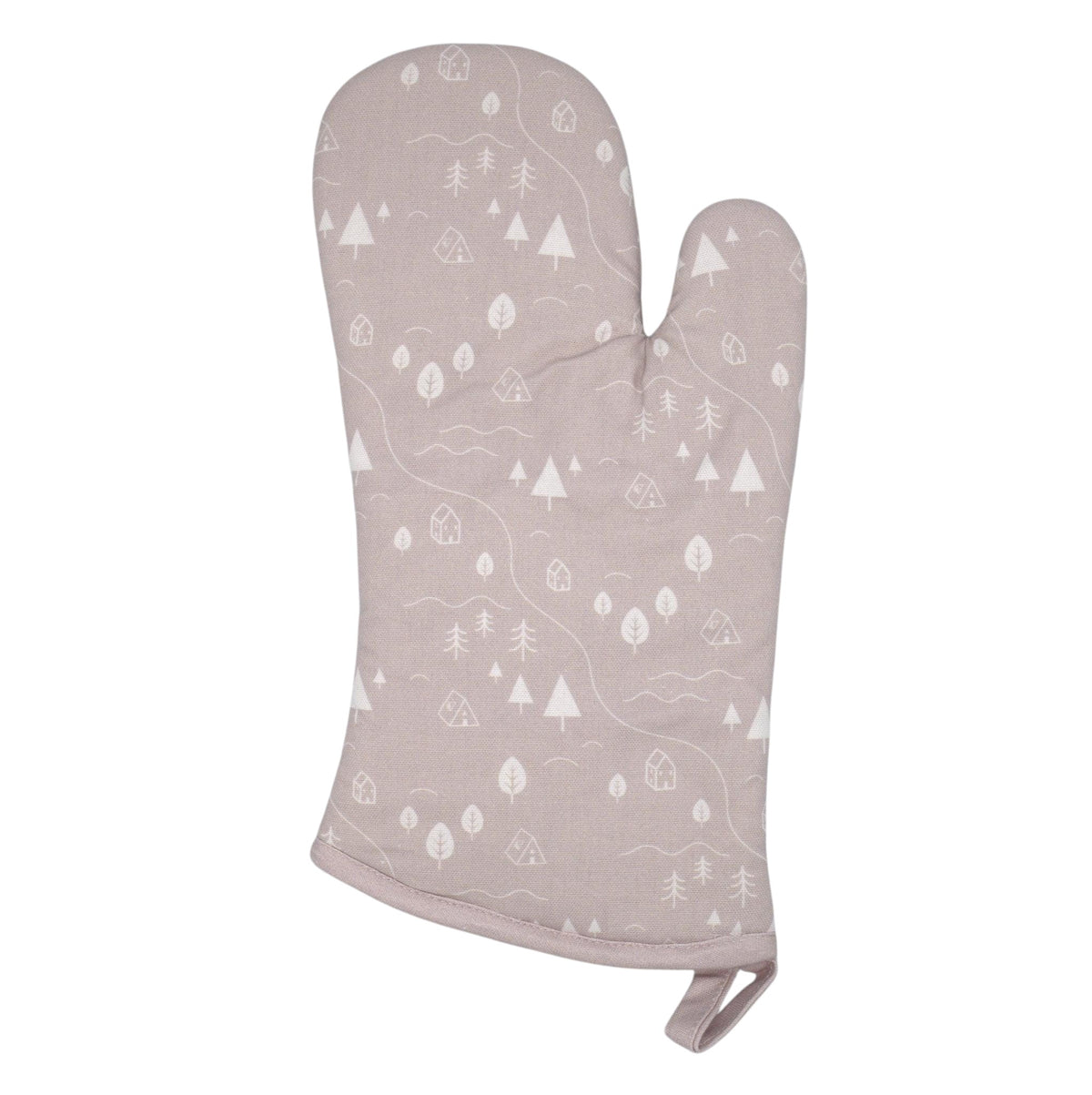 Hem And Tassel oven mitt in beige cotton with a white countryside motif featuring tiny trees, houses, and tents.