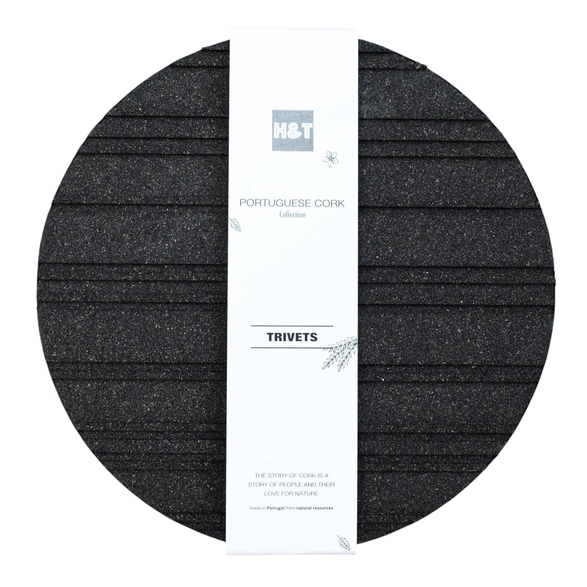 Hem And Tassel round black cork trivet with grooved heat-dissipating pattern and branded paper wrap
