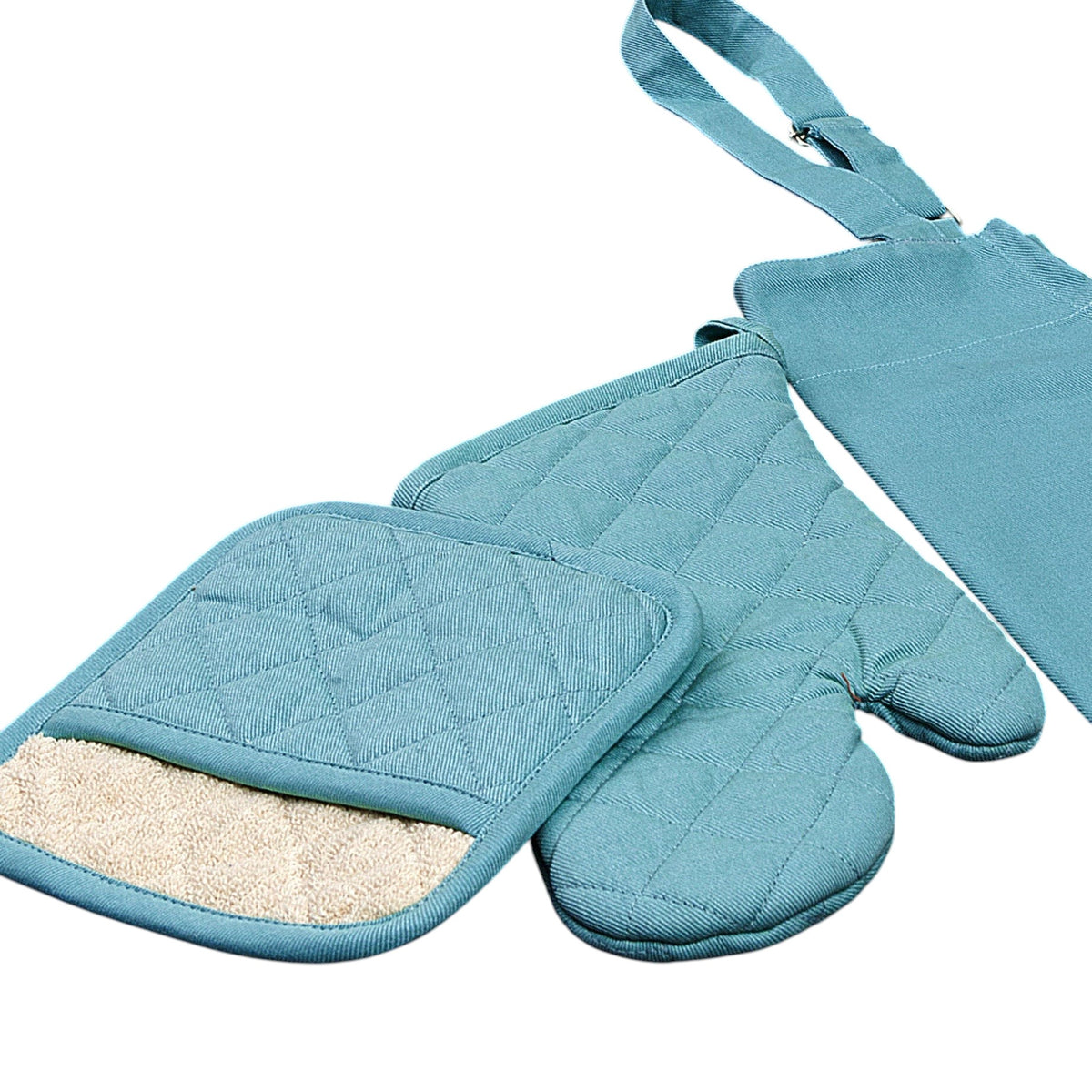 Hem And Tassel blue cotton drill oven mitt and pot holder set with quilted texture on a dark wooden surface