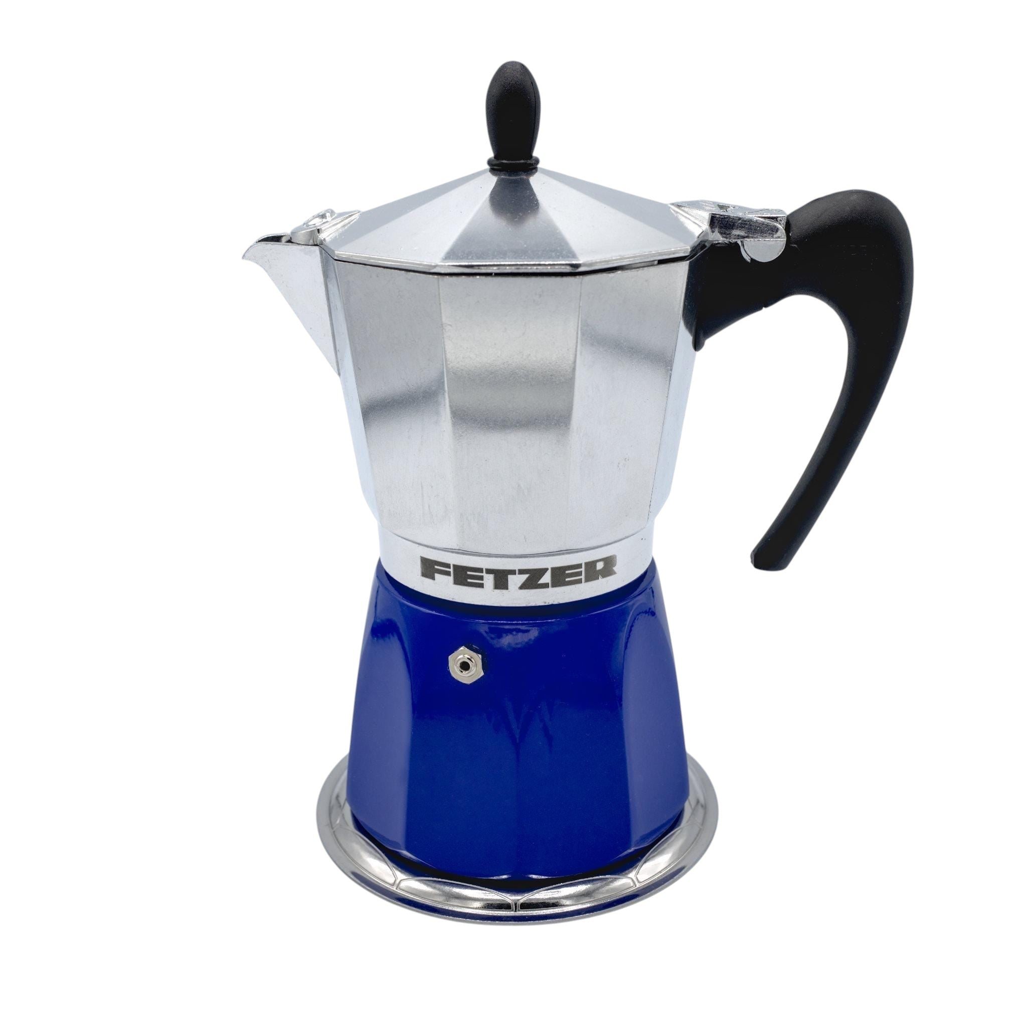 Hem And Tassel induction-ready 6-cup moka pot with a blue base, silver top, and black handle on a white background.