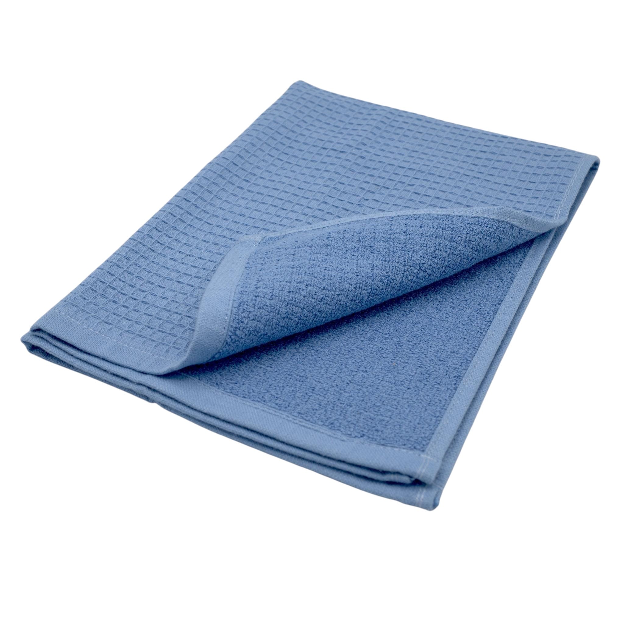 Hem And Tassel Jekyll & Hyde blue reversible kitchen towel with ribbed waffle texture and soft terry cloth side