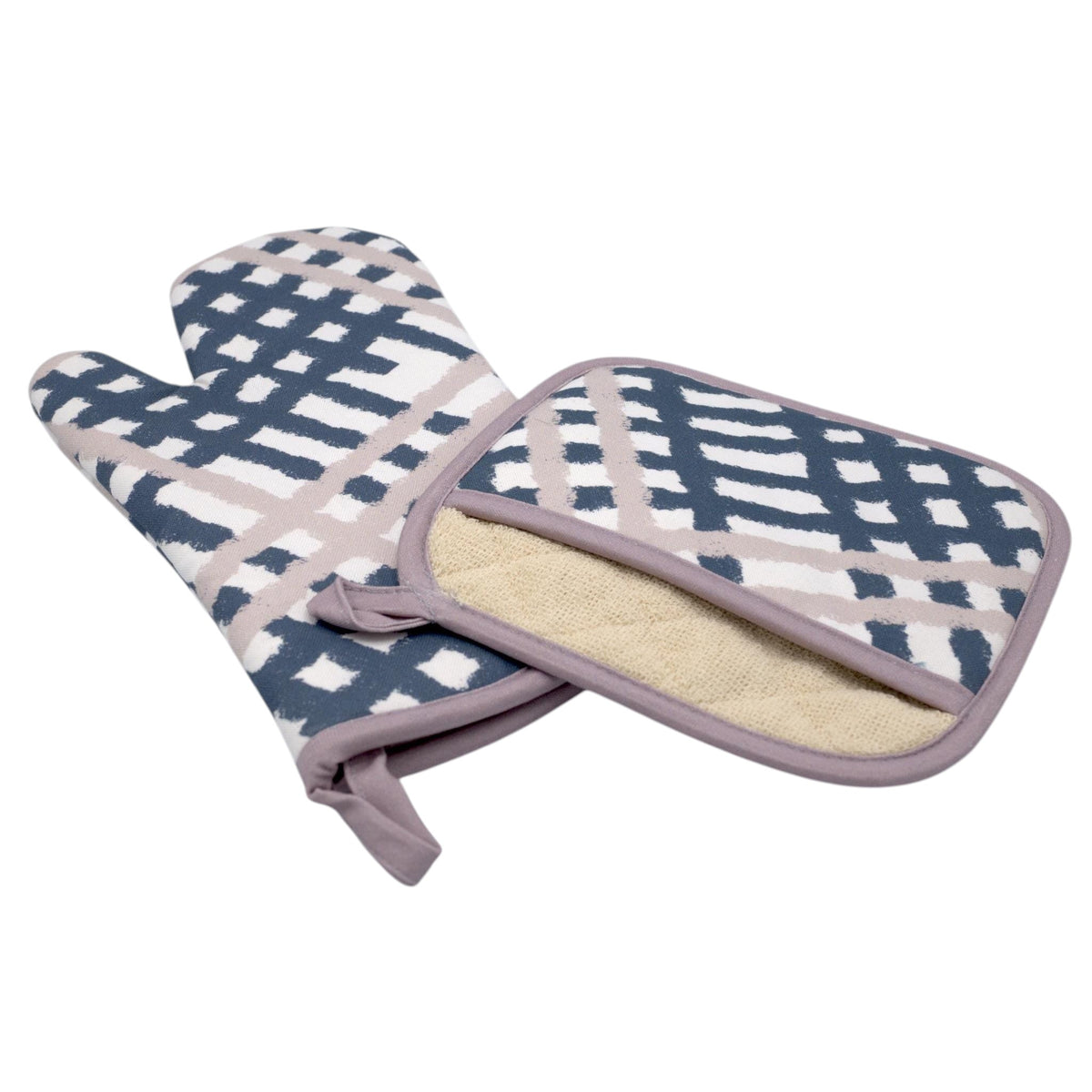 Hem And Tassel cotton oven mitt and pot holder set featuring a blue and beige burlap check pattern
