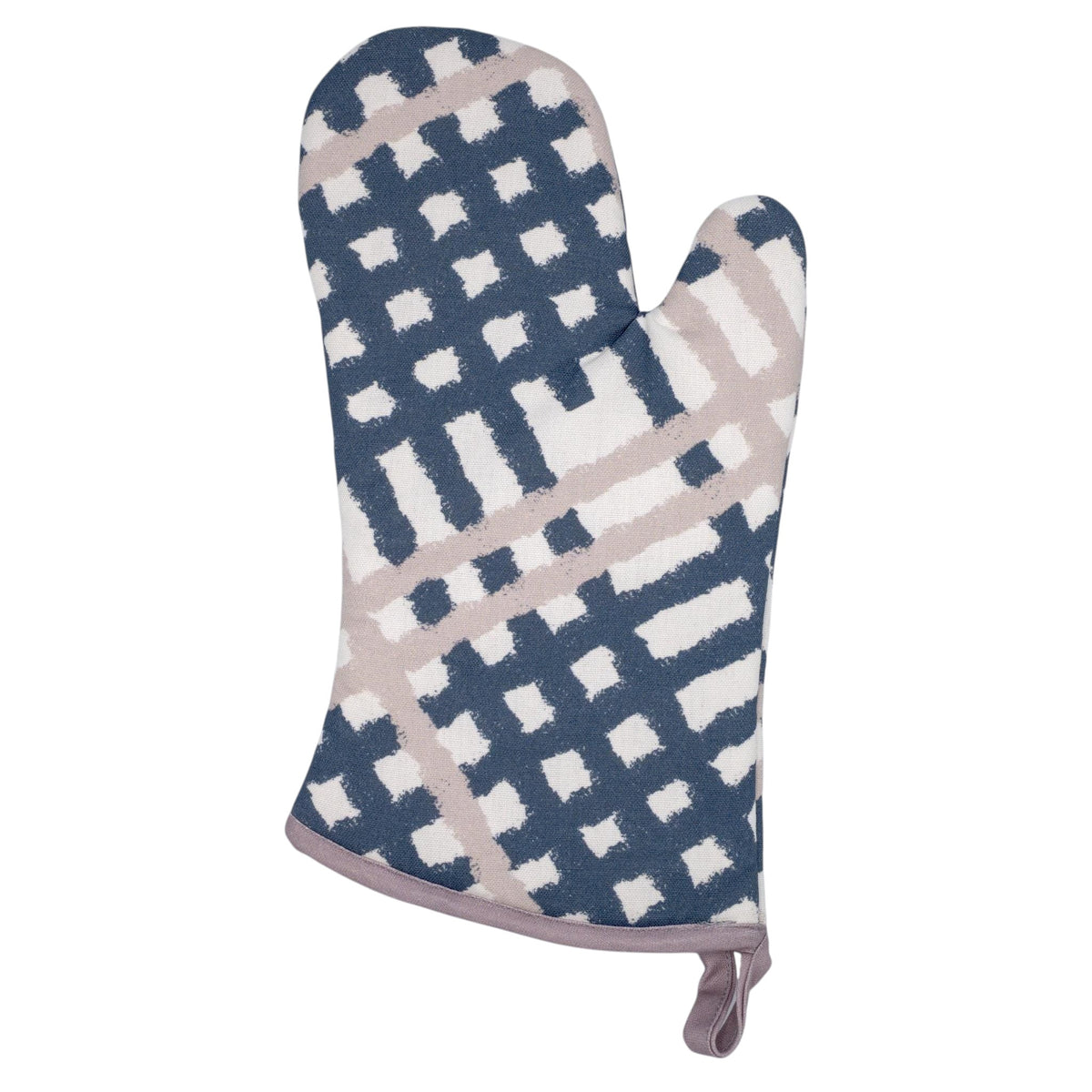 Hem And Tassel Burlap Check oven mitt in blue and beige cotton with a quilted heat-resistant design