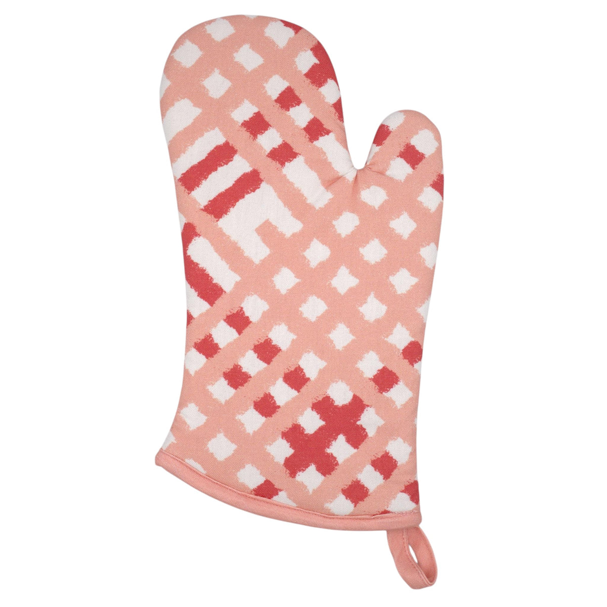 Hem And Tassel cotton oven mitt featuring a pink and red burlap check pattern with quilted insulation