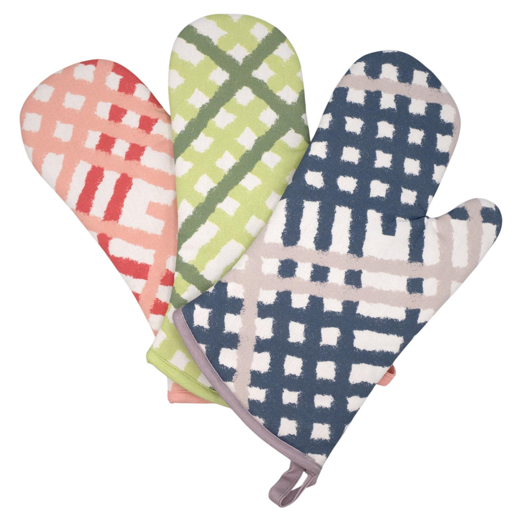 Hem And Tassel cotton oven mitts featuring a colorful burlap check pattern in red, green, and blue on white.