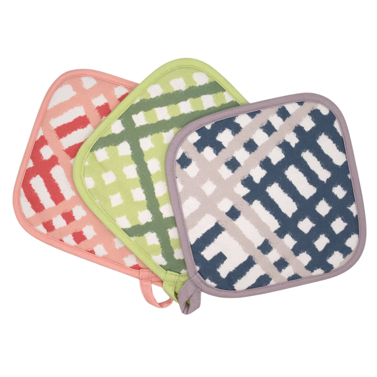 Hem And Tassel cotton pot holders in pink, green, and blue burlap check patterns with quilted heat-resistant lining