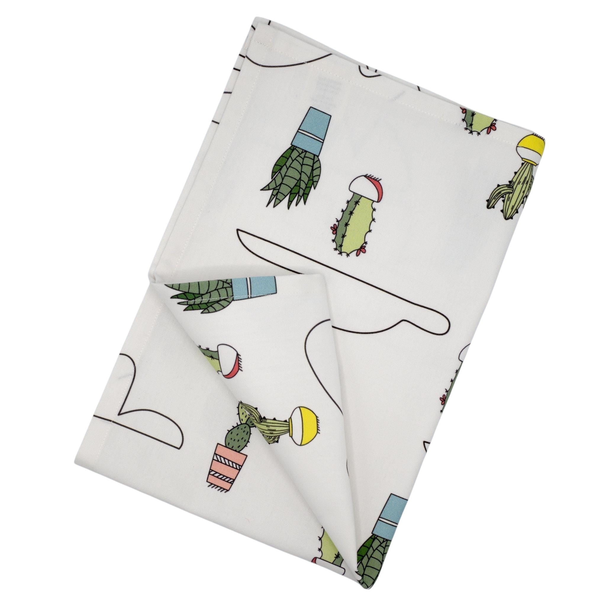 Hem And Tassel cotton kitchen towel featuring a minimalist white print with colorful potted cacti and cloud outlines