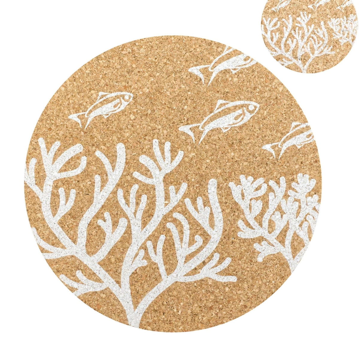 Hem And Tassel round natural cork placemat featuring white marine coral and fish prints for coastal dining decor.