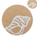 Hem And Tassel round natural cork placemat featuring a white seashell print, sustainable coastal table decor.