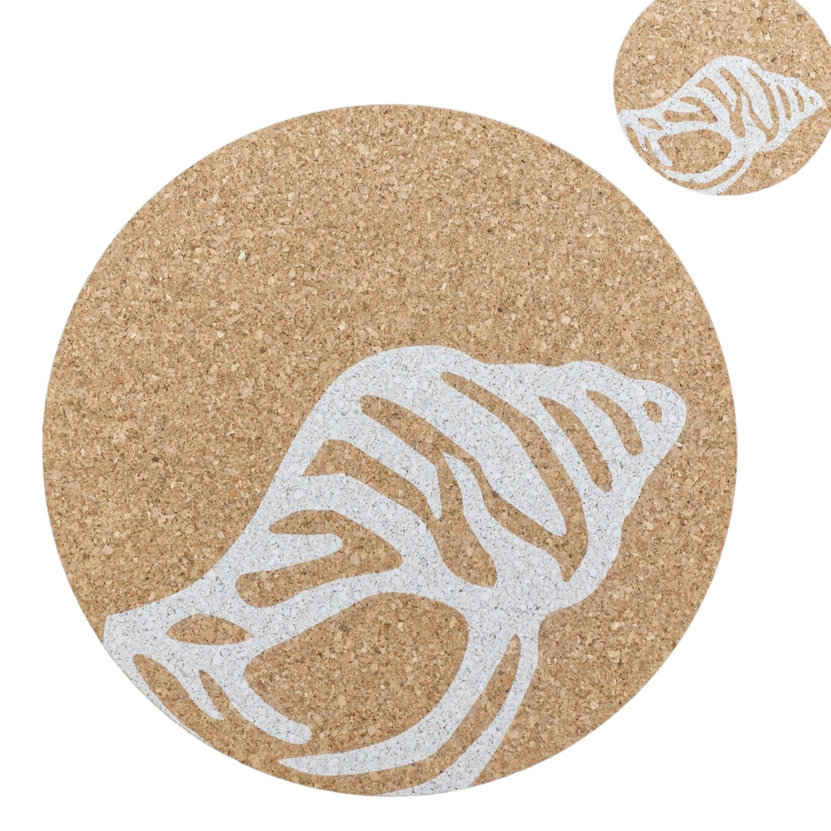 Hem And Tassel round natural cork placemat featuring a white seashell print, sustainable coastal table decor.