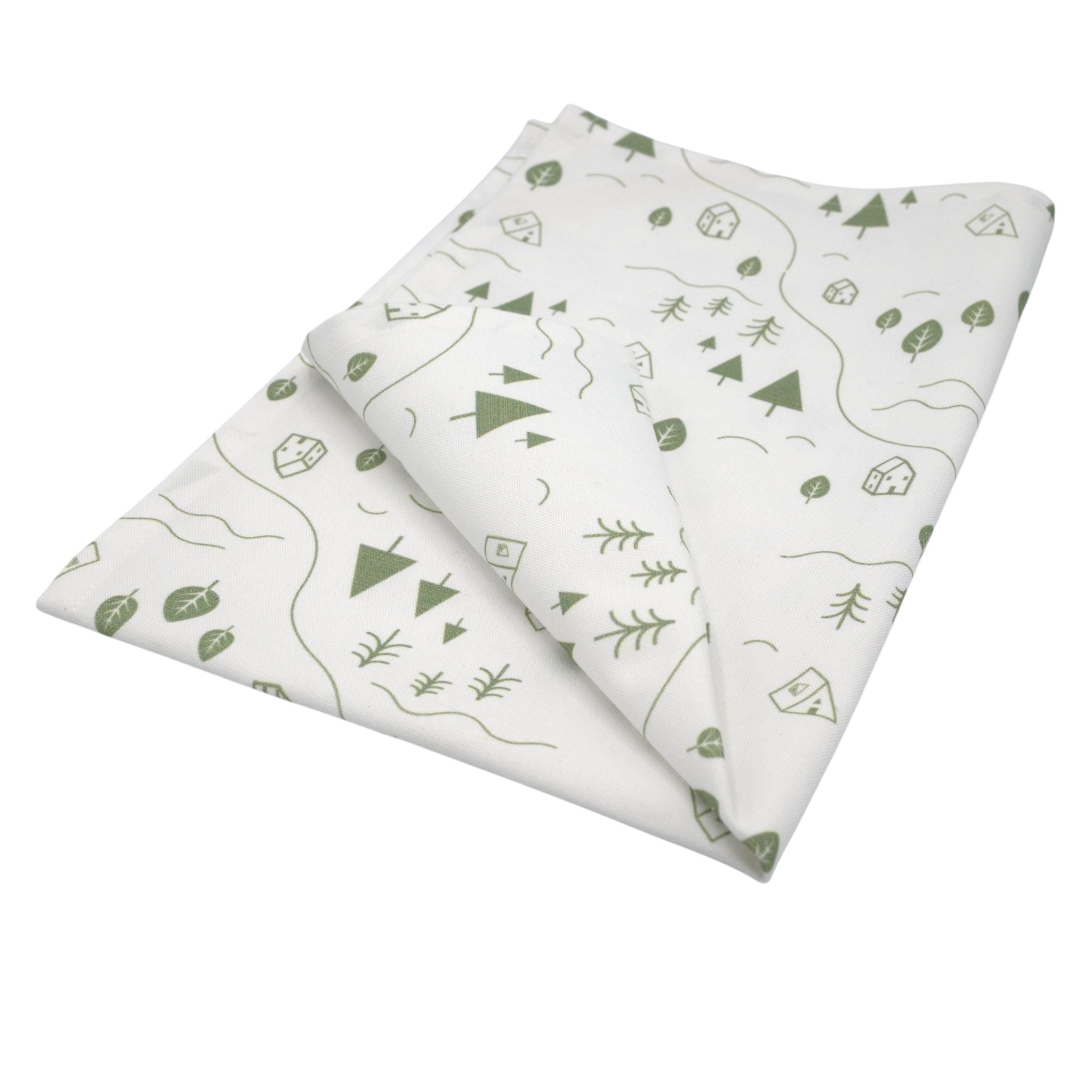 Hem And Tassel cotton kitchen towel featuring a green countryside print with trees, tents, and rivers on white fabric.