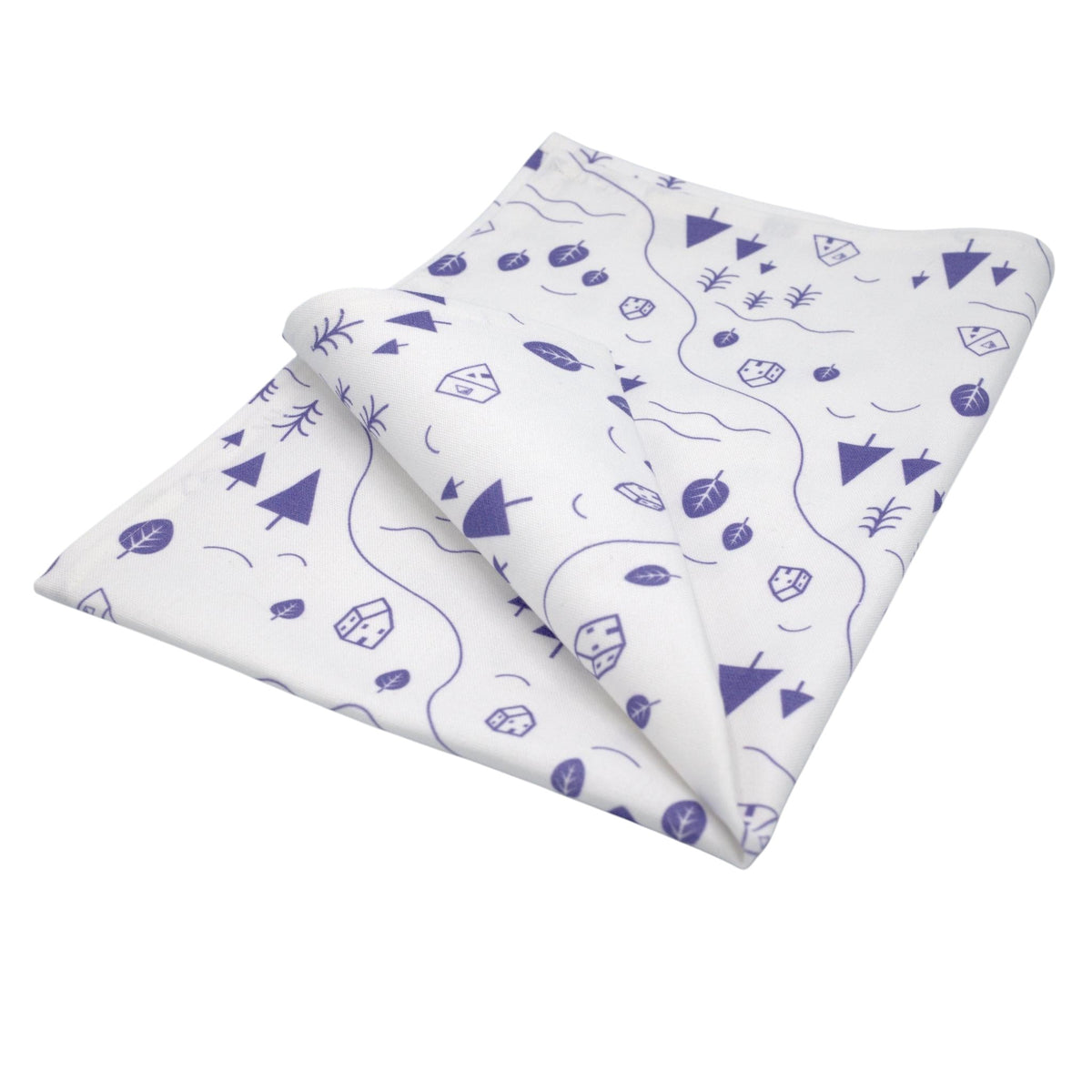 Hem And Tassel cotton kitchen towel featuring a purple countryside print with trees, tents, and rivers on white fabric.