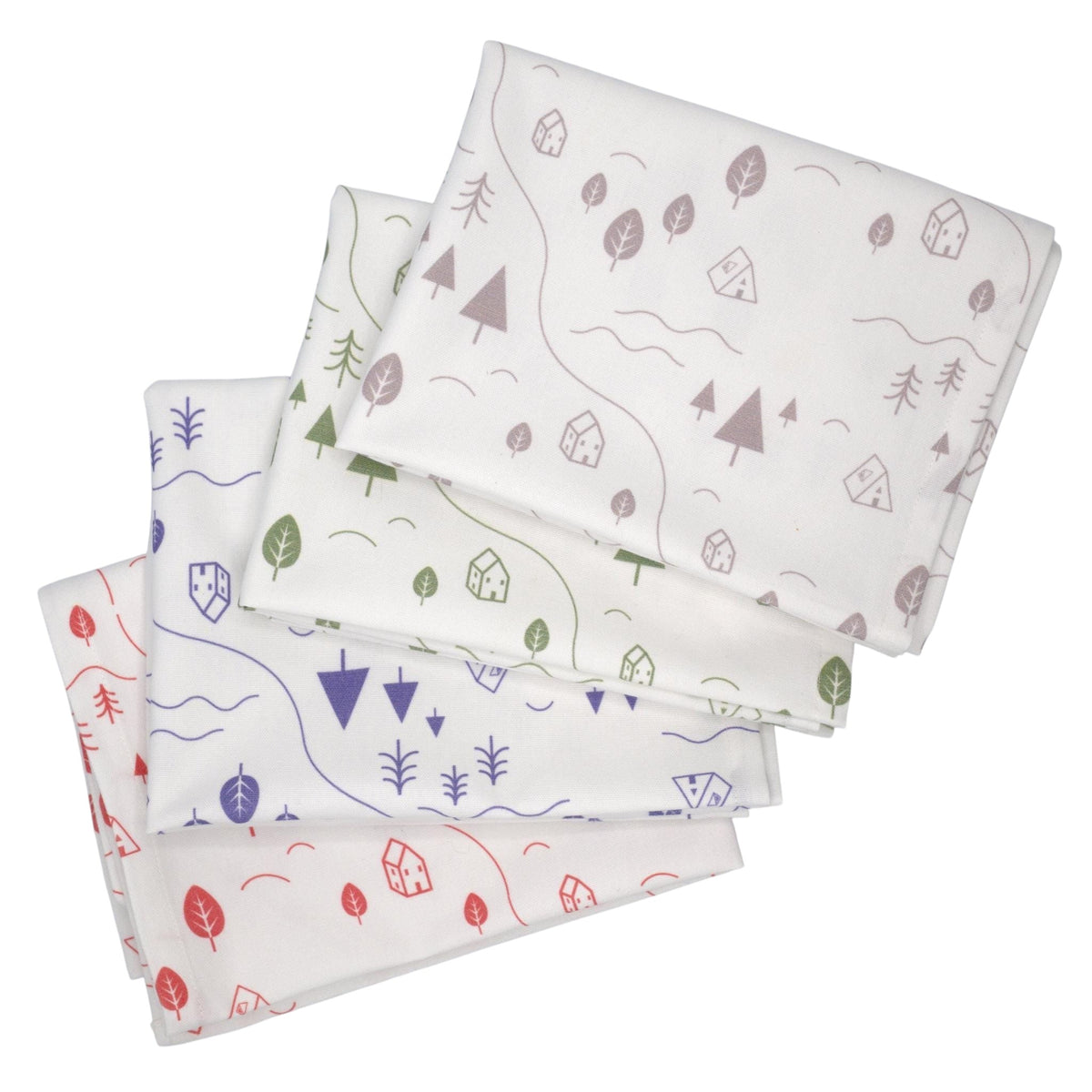 Hem And Tassel cotton kitchen towels featuring a countryside print with trees, rivers, and houses in assorted colors.