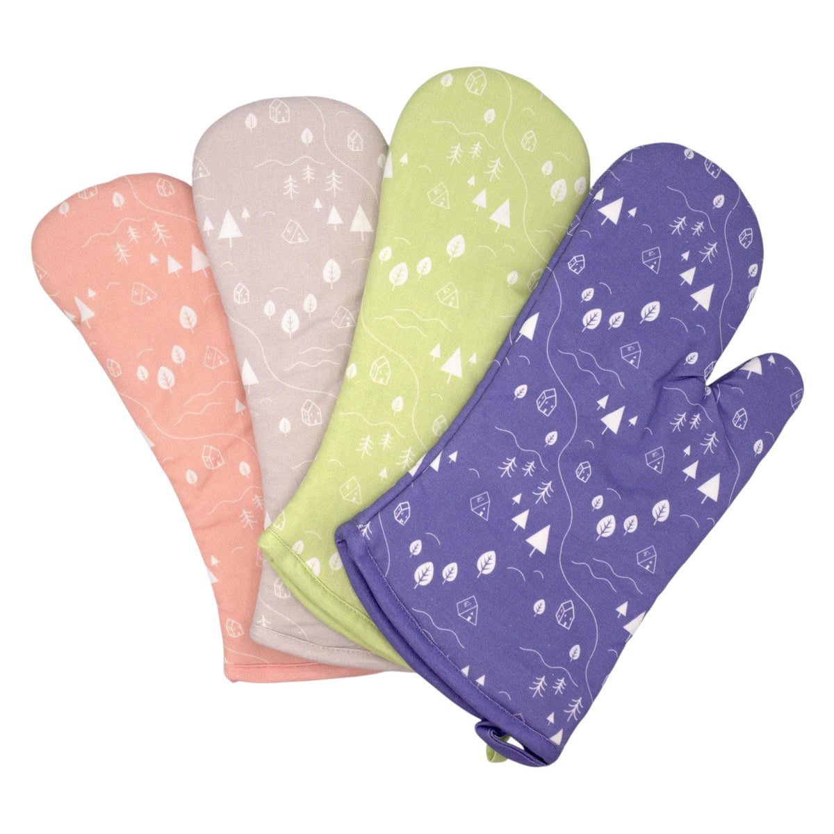 Hem And Tassel cotton oven mitts in pink, beige, green, and purple with white countryside and camping motifs