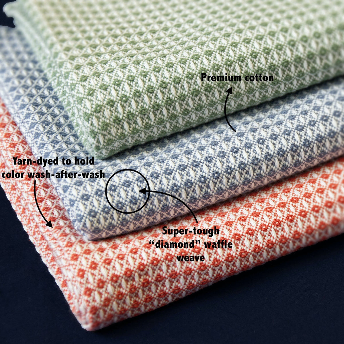 Hem And Tassel diamond waffle weave cotton cloths in sage green, blue, and terracotta stacked for kitchen or bath use.