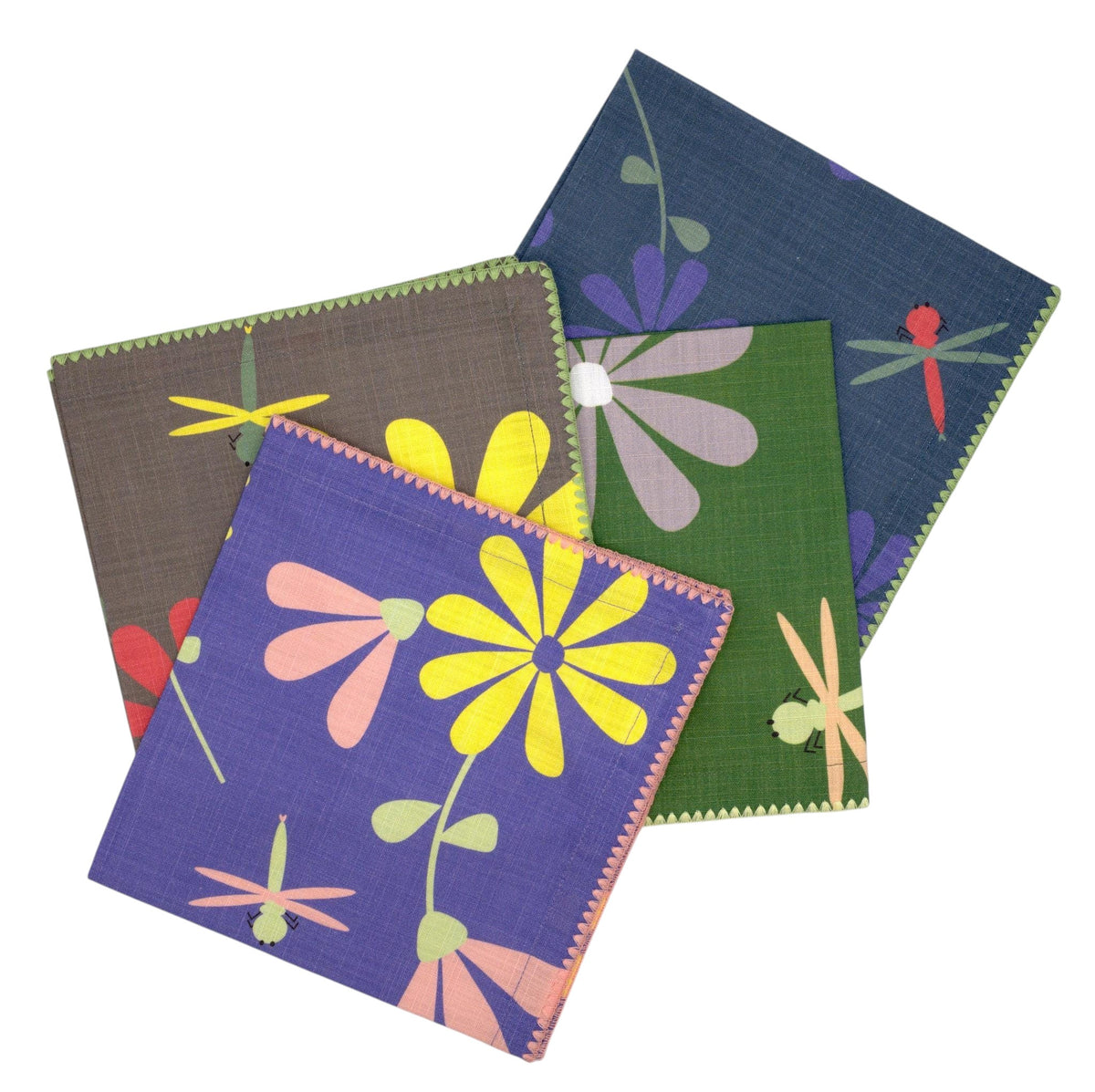 Hem And Tassel dinner napkins in double-slub cotton with a playful floral and camouflaged dragonfly pattern