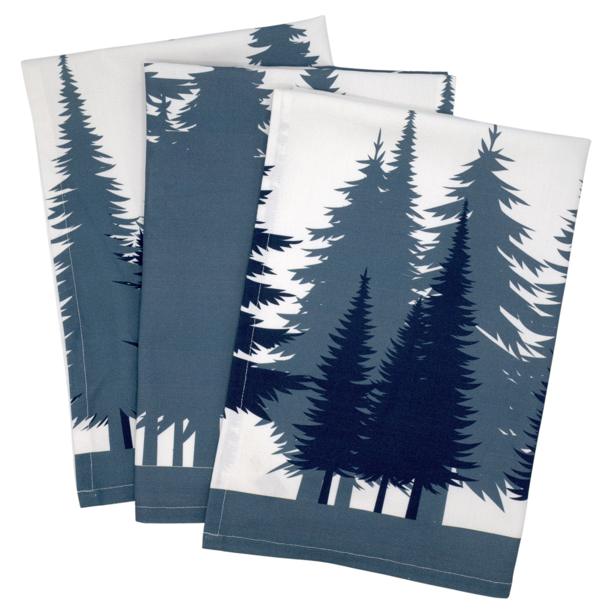 Hem And Tassel Park-Goth cotton kitchen towels featuring dark evergreen tree silhouettes in a set of three