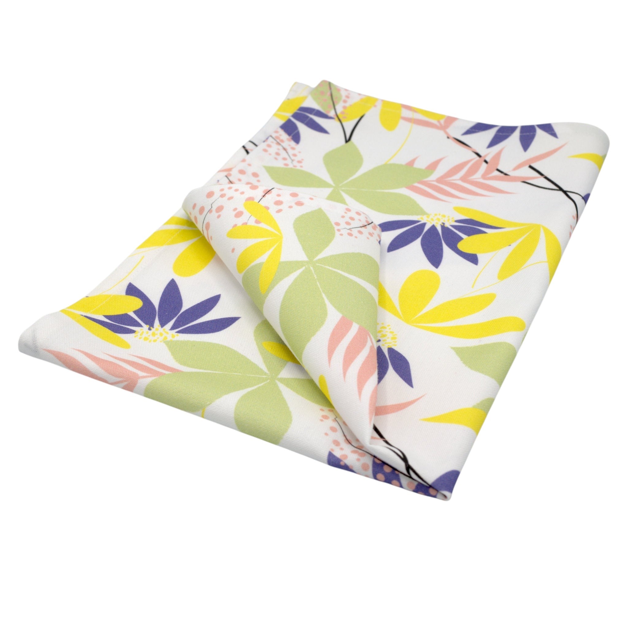 Hem And Tassel cotton kitchen towel featuring a vibrant floral pattern with yellow, purple, and green botanical prints