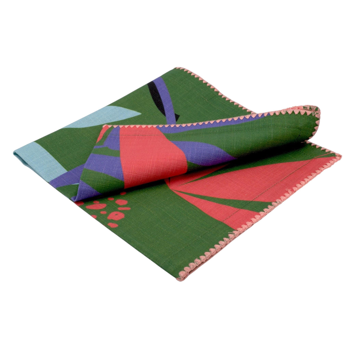 Hem And Tassel floral slub cotton dinner napkin in green with pink stitched edges and abstract flower pattern