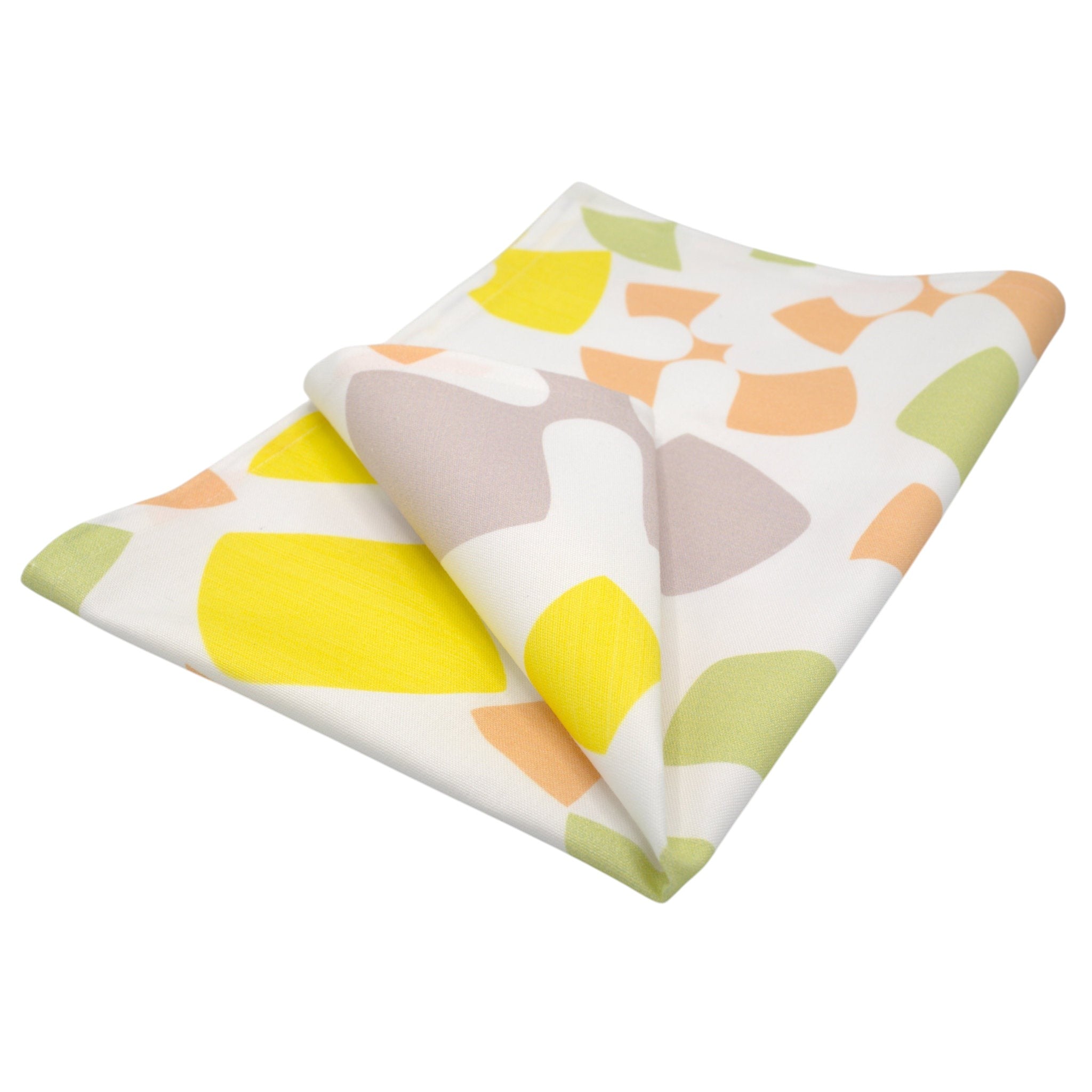 Hem And Tassel Flutter kitchen towel in white cotton with a colorful abstract bird-inspired graphic print pattern.