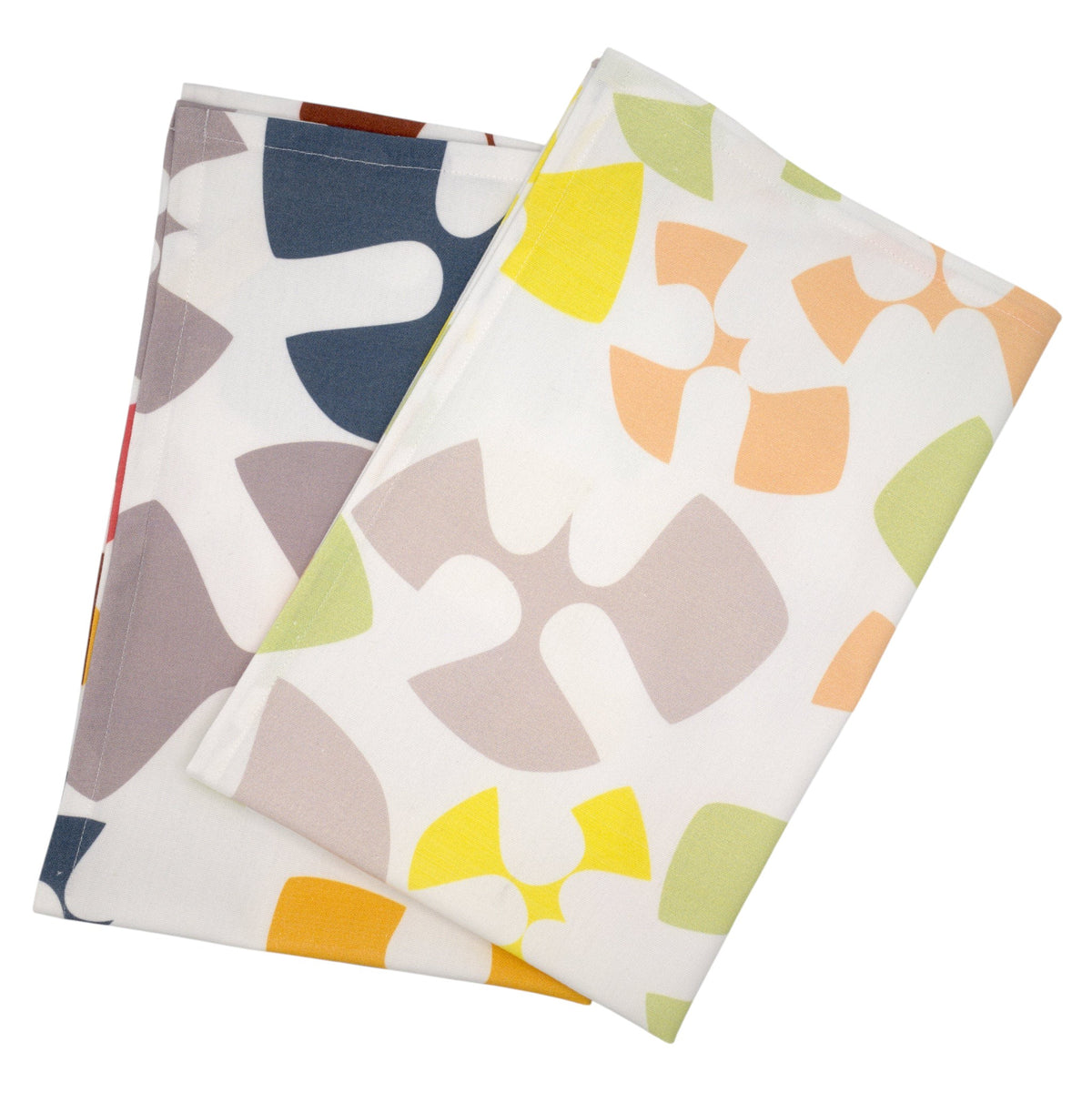 Hem And Tassel Flutter kitchen towels featuring a colorful abstract bird pattern on white 100% cotton percale fabric.