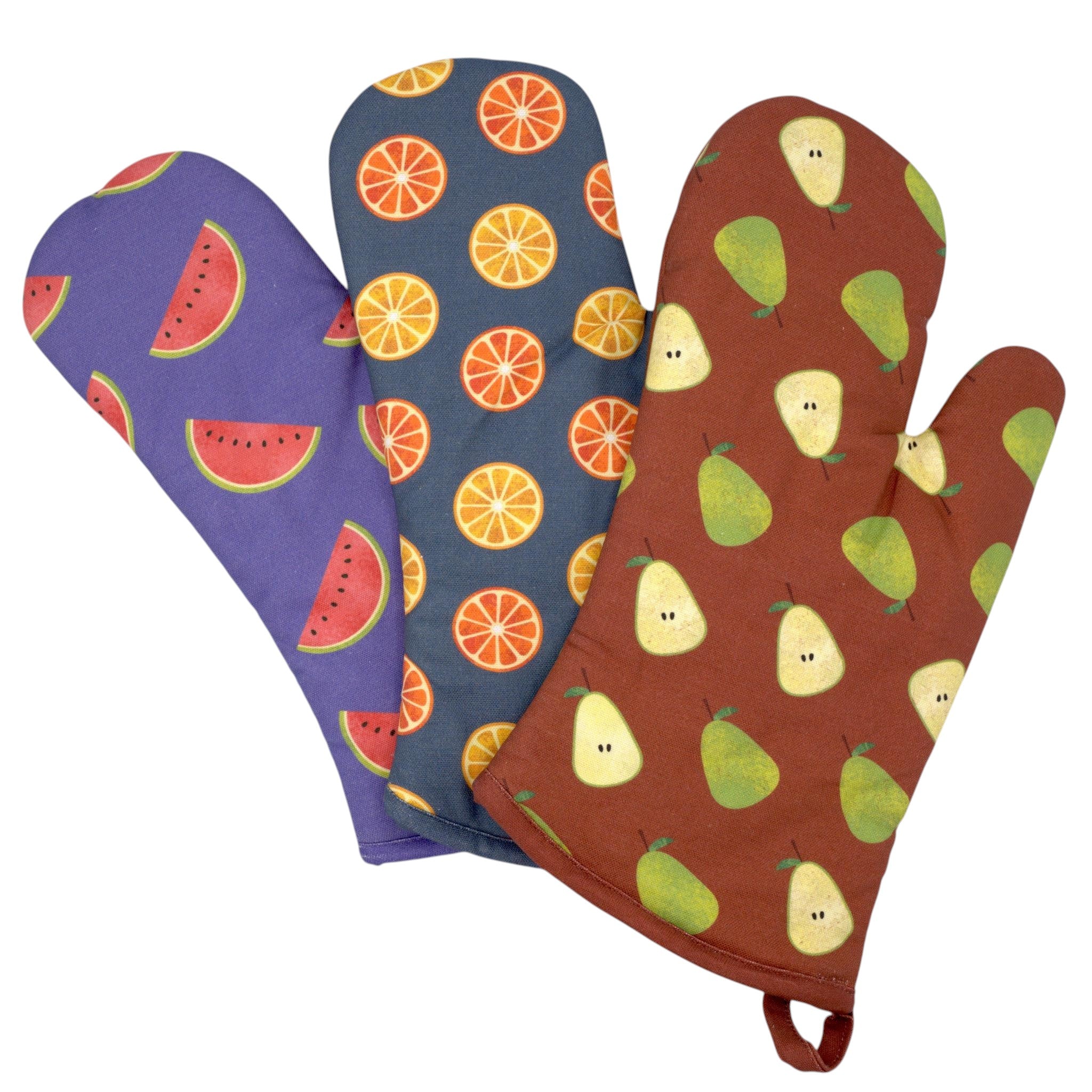 Hem And Tassel oven mitts featuring watermelon, orange, and pear fruit patterns on quilted cotton fabric
