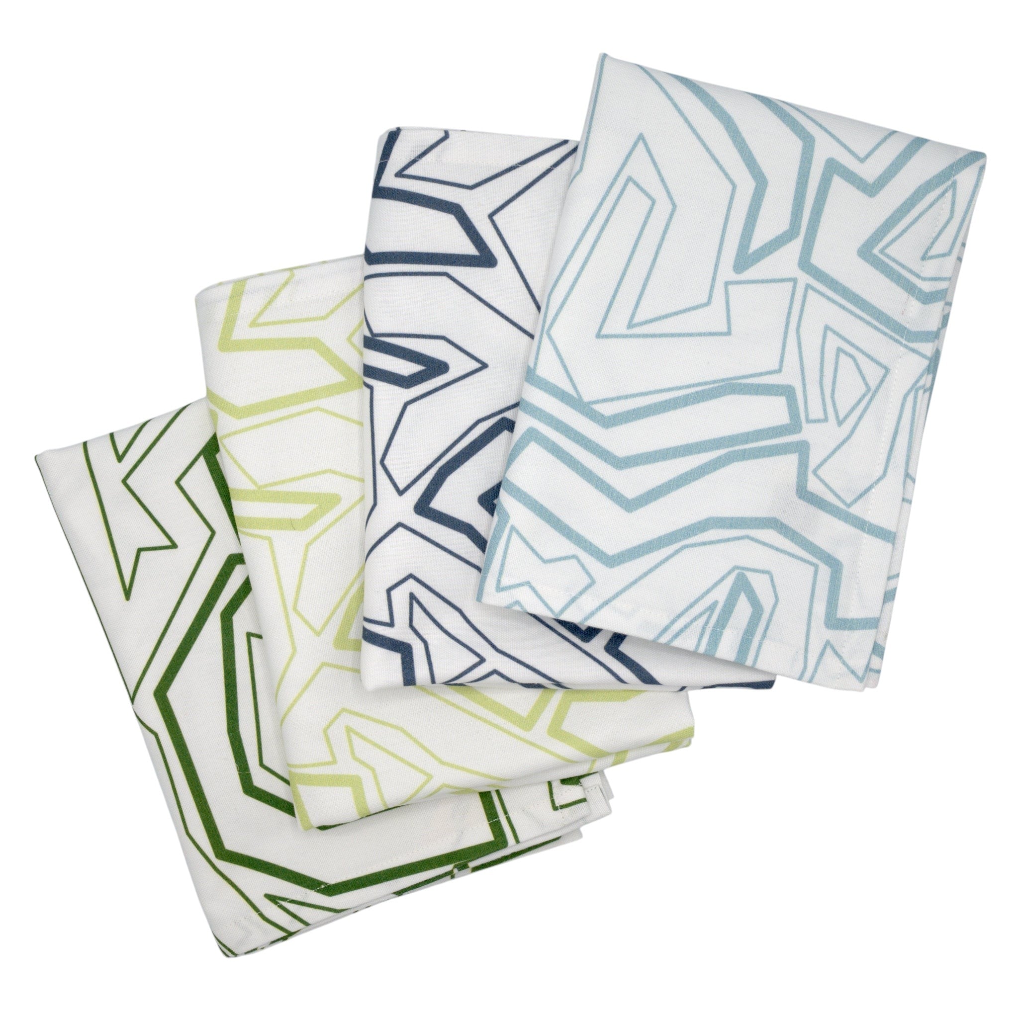 Hem And Tassel Squiggles cotton kitchen towels featuring modern geometric patterns in green, lime, navy, and blue.