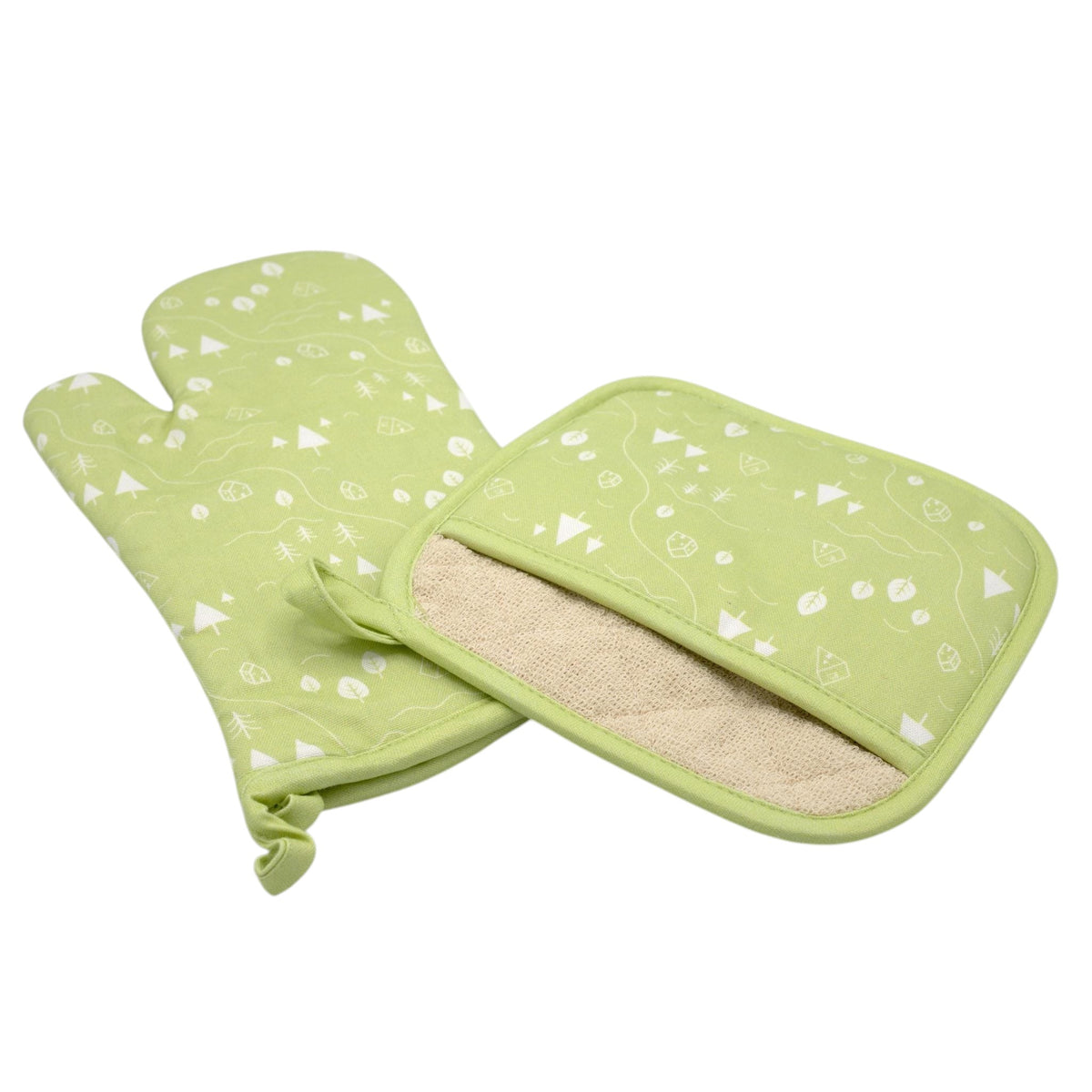 Hem And Tassel light green cotton oven mitt and pot holder set featuring white camping and countryside motifs.