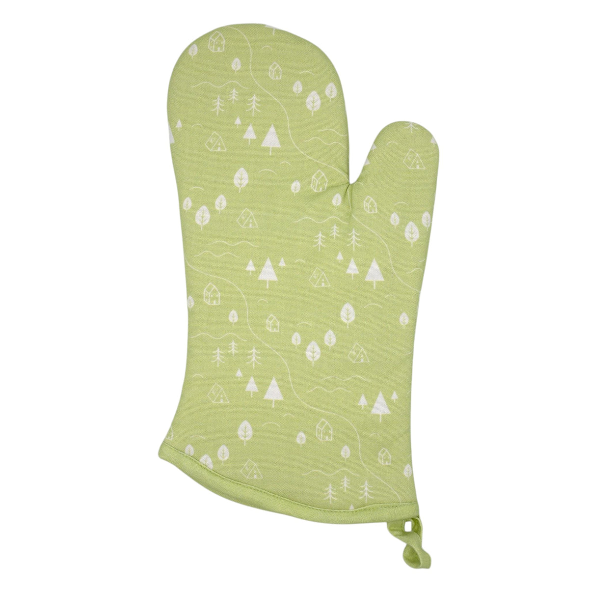 Hem And Tassel light green cotton oven mitt featuring a white countryside print with tiny trees and tents