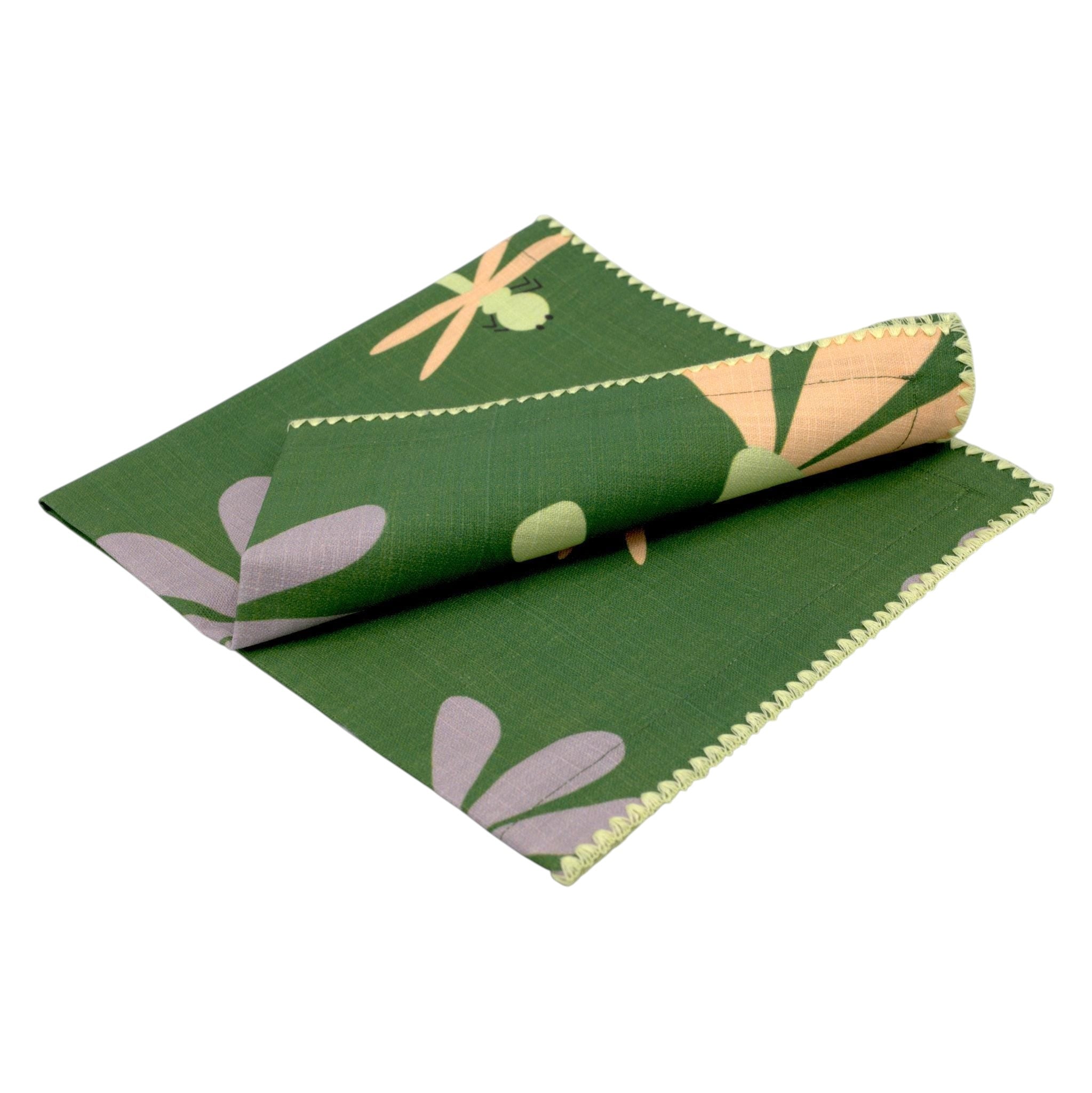 Hem And Tassel green double-slub cotton dinner napkin with a playful dragonfly and floral pattern and stitched edges