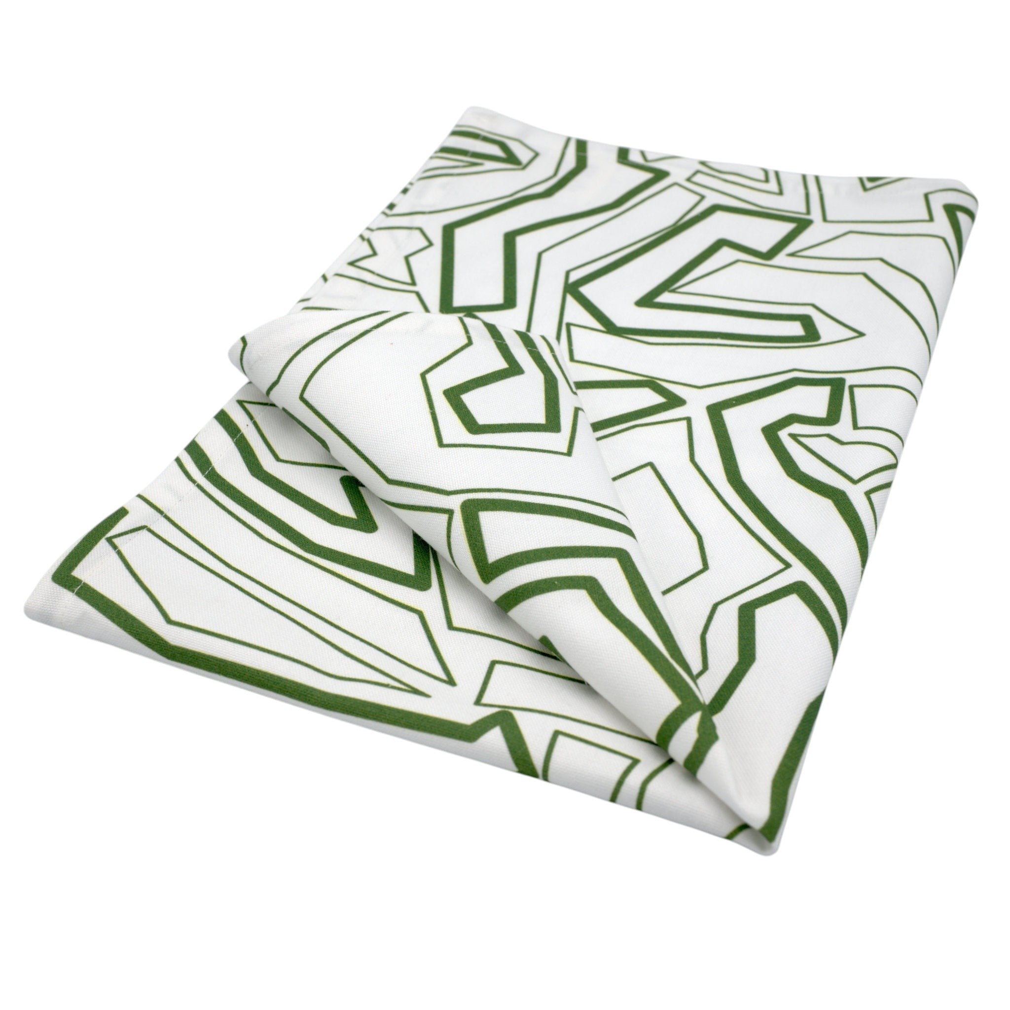Hem And Tassel cotton kitchen towel featuring a modern green geometric line pattern on a white background.