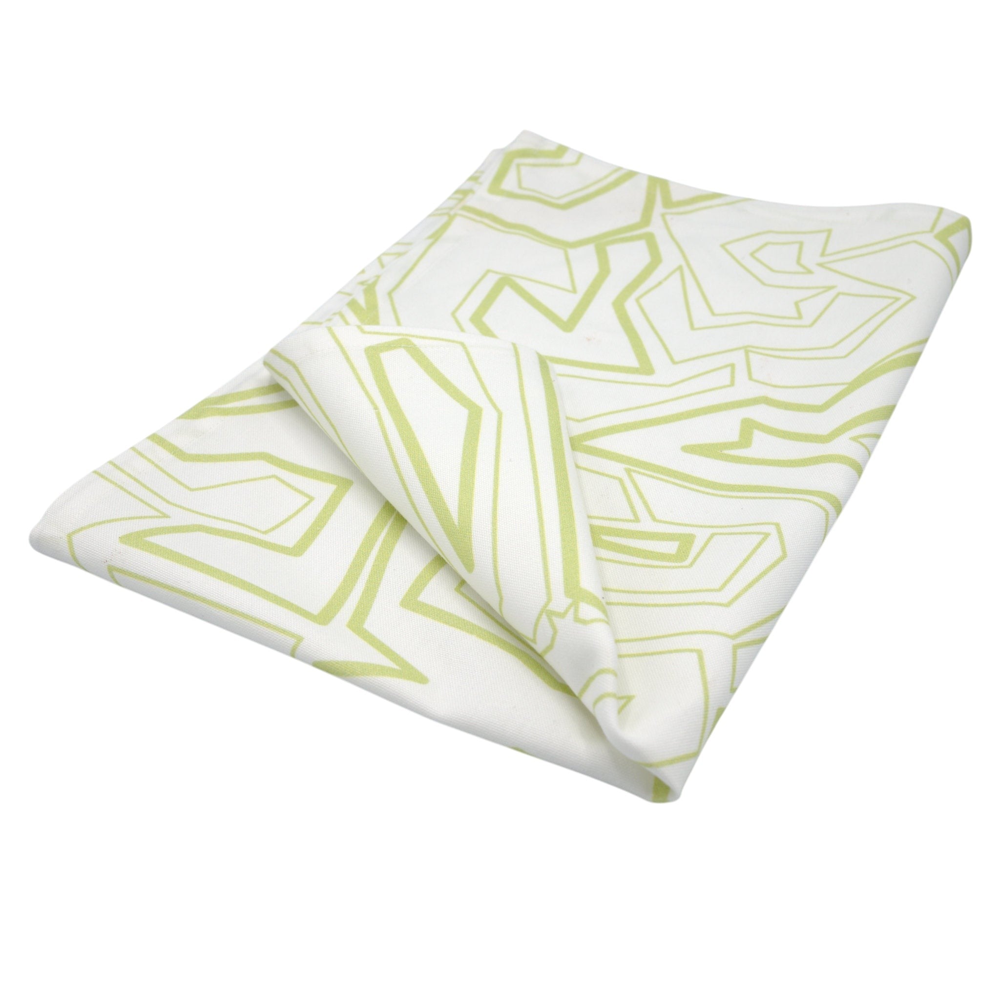 Hem And Tassel cotton kitchen towel featuring a modern lime green geometric squiggles pattern on a white background.