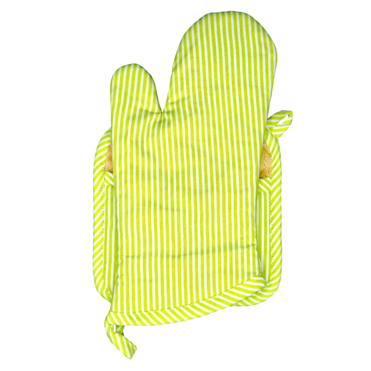 Hem And Tassel cotton oven mitt and pot holder set featuring a bright lime green and white banker stripe pattern