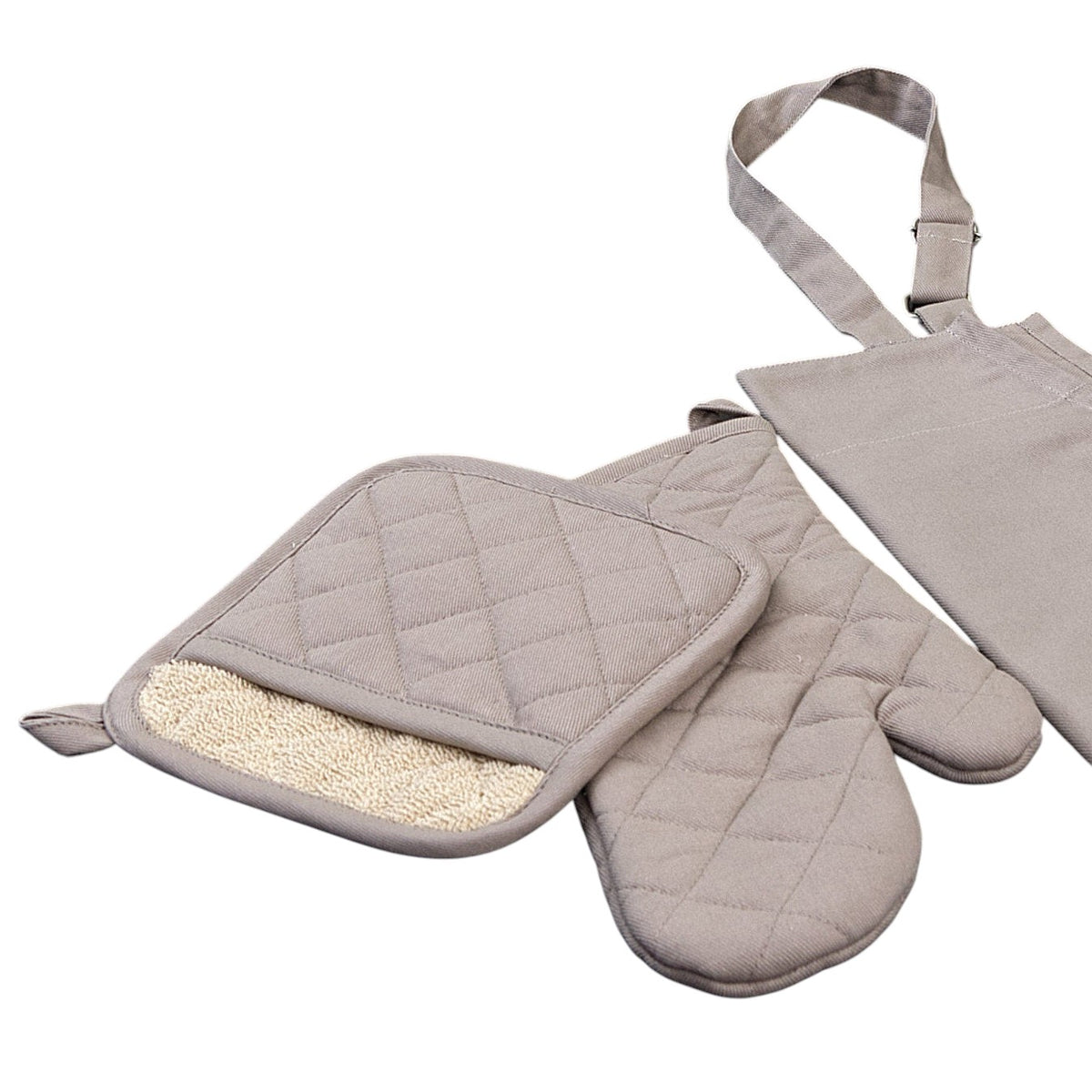 Hem And Tassel grey quilted cotton drill oven mitt, pot holder, and apron set for kitchen and grill use.
